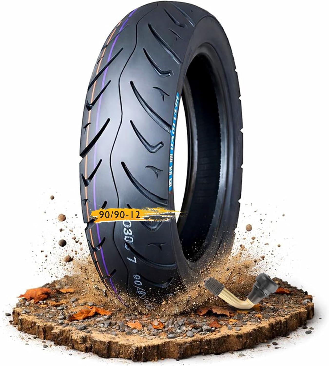 90/90-12 Scooter Tire, 90 90 12 Tubeless Street Neumático, 8PR Reinforced Nylon Casing, 61J Load Rating, Semi-Slick Performance Tread, Max Load 566 lbs, 90/90/12