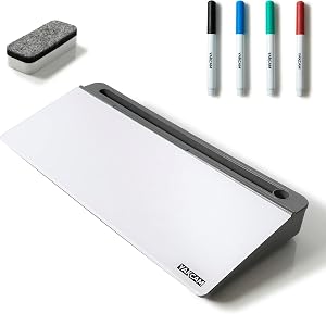 YAKCAM Dry Erase Glass Desk Whiteboard 16x7, with Storage Compartments | Phone and Tablet Slot Holder | For Home and Office | Includes 4 Dry Erase Markers and Eraser