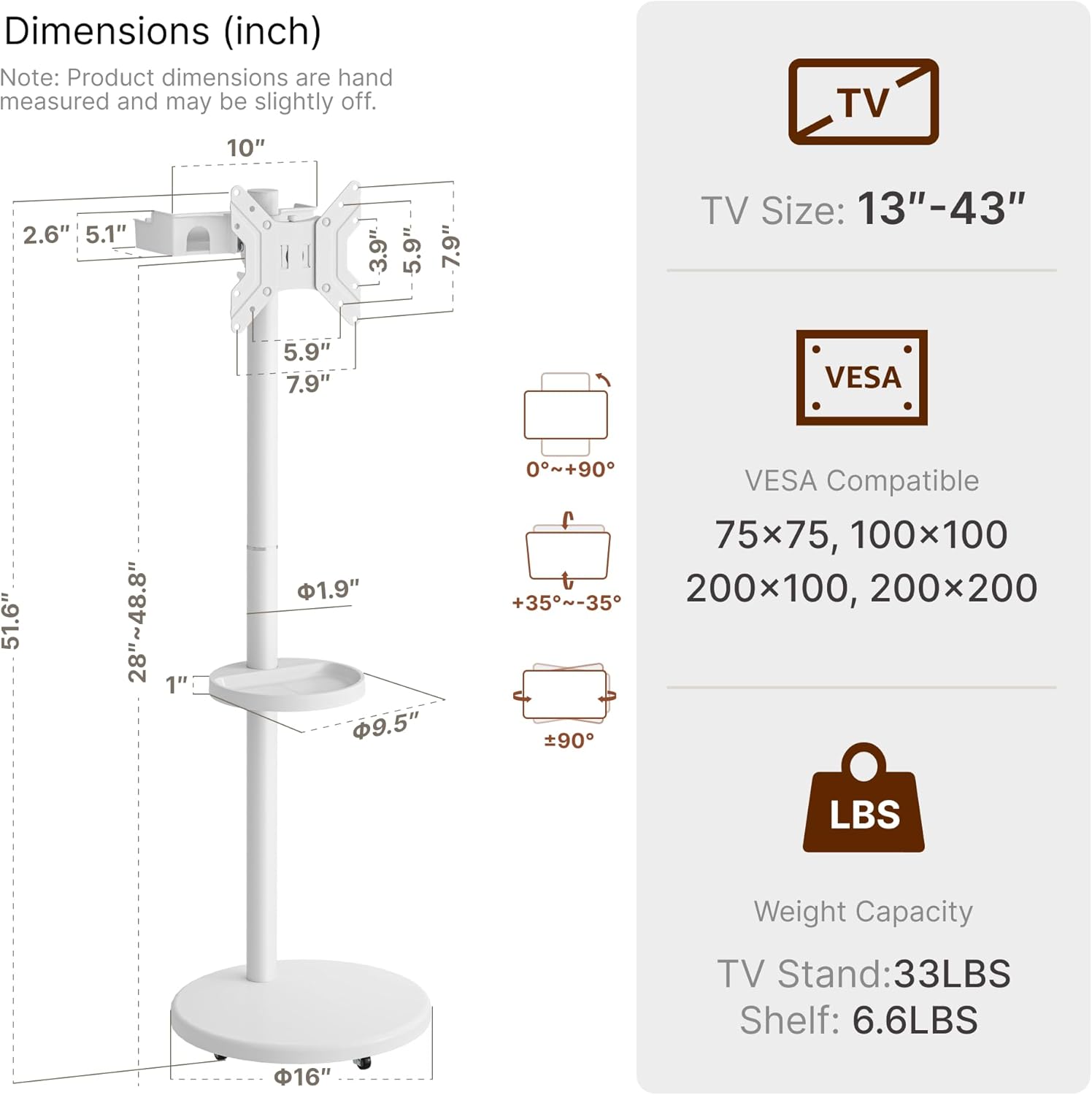 Height Adjustable Rolling TV Stand for 13-43 Inch TV up to 33 Pounds, Portrait to Landscape, Mobile TV Cart with Adjustable Storage Box and Shelf Max VESA 200x200mm