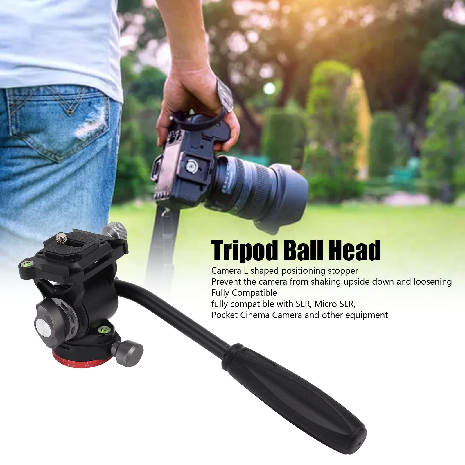 Cabezal de bola para trípode de cámara, cabezal de trípode de vídeo hidráulico de amortiguación de 360 grados, mango ajustable con tapón en L para cámaras SLR Micro SLR, cabezal fluido compacto de