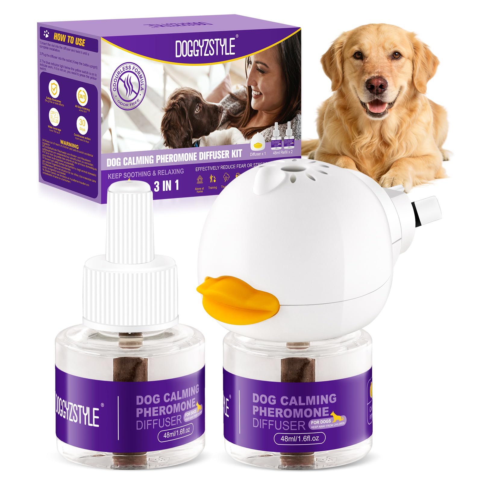 Difusor De Feromonas Calmantes para Perros,Alivio Natural De Ansiedad para Perros,Reduce Eficazmente El Estrés Y El Ladrido,Adecuado para Todas Las Razas,2 Recambios