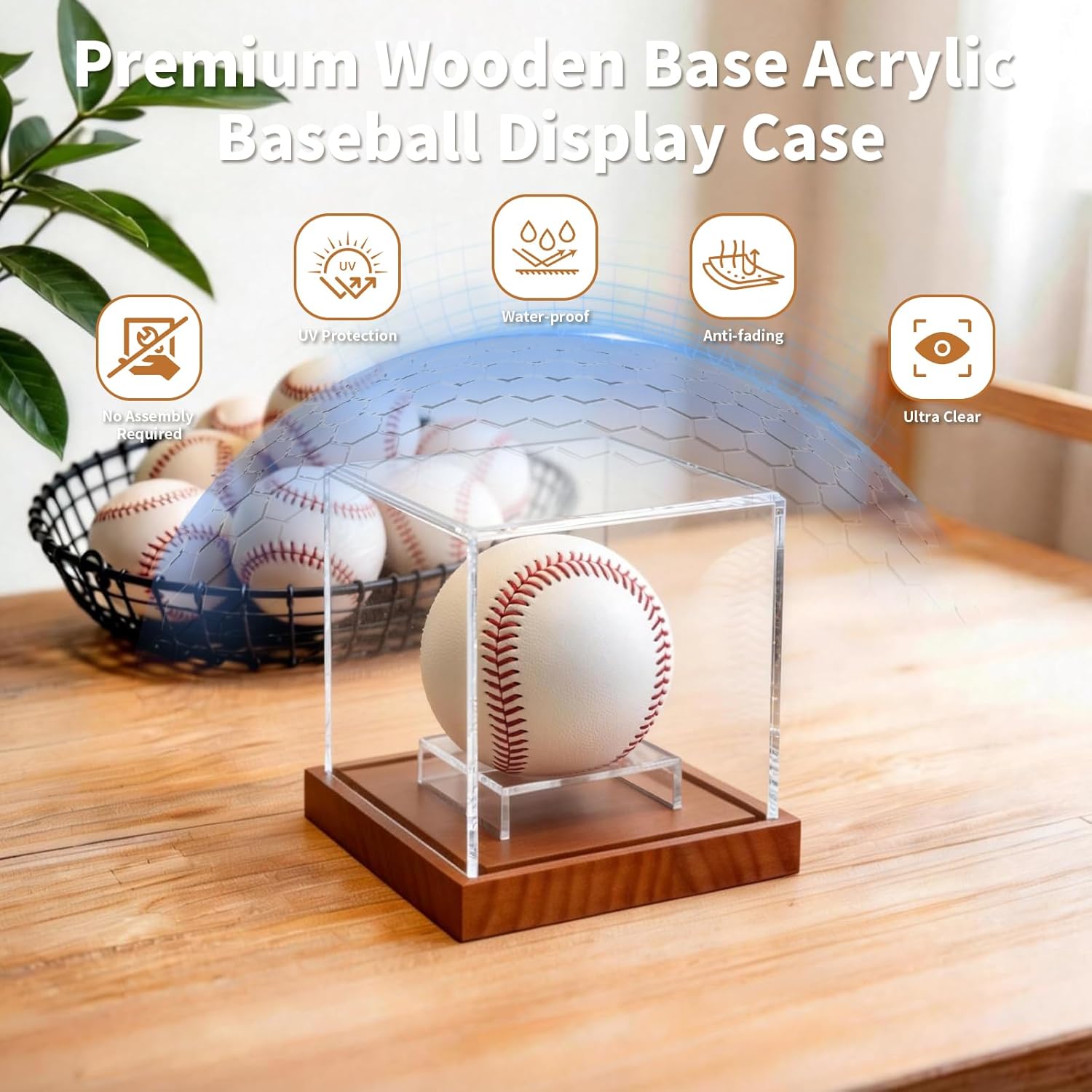 Baseball Display Case - Clear Acrylic Baseball Holder with Solid Wood Base, UV Protected Clear Cube Baseball Case with Display Stand for Autographed Ball, Gift for Baseball Fans, Brown