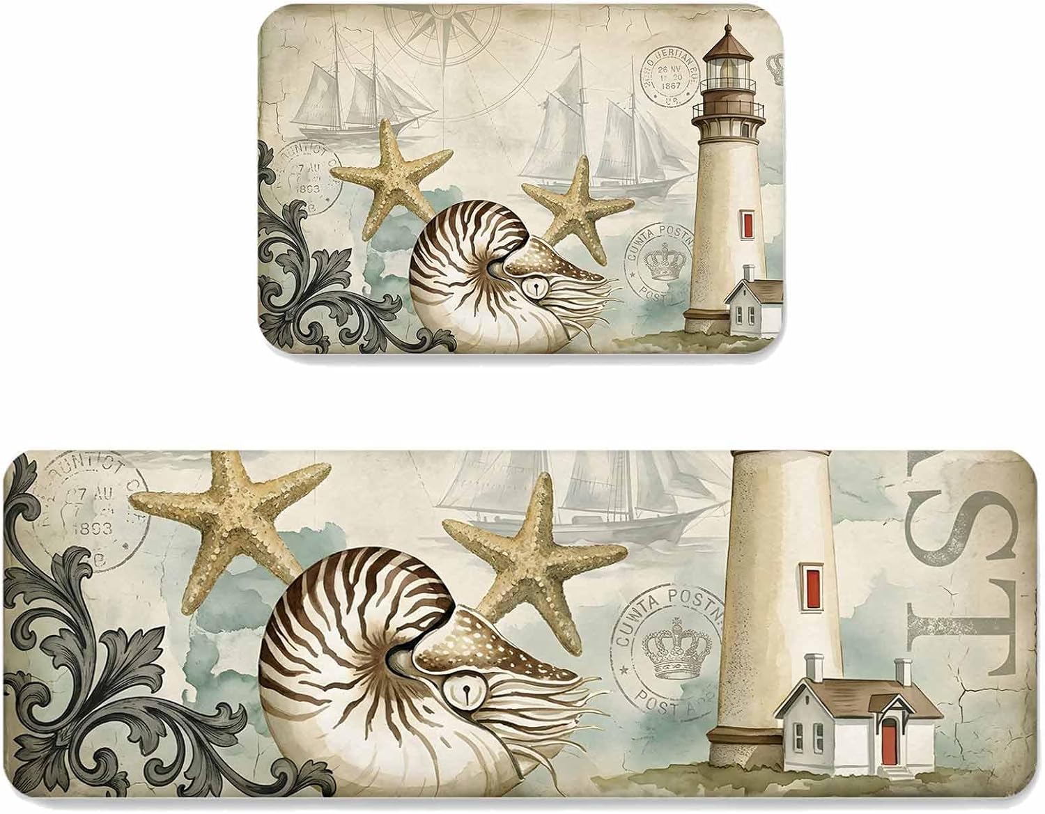 Nautical Sailboat Kitchen Mat Set 2 Pieces Conch Yellow Starfish Vintage Watercolor Non Slip Kitchen Rugs Washable Runner Rug Mats for Floor Sink Laundry Office 19.7" x 31.5"+19.7" x 47.2"
