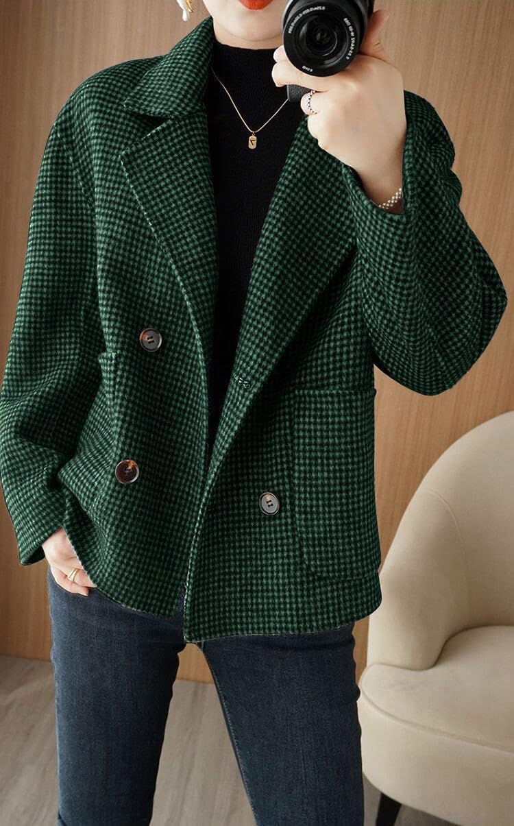 utcoco Womens Cropped Wool Coats Houndstooth Double Breasted Short Wool Pea Coat Cropped Blazer Jackets with Pocket