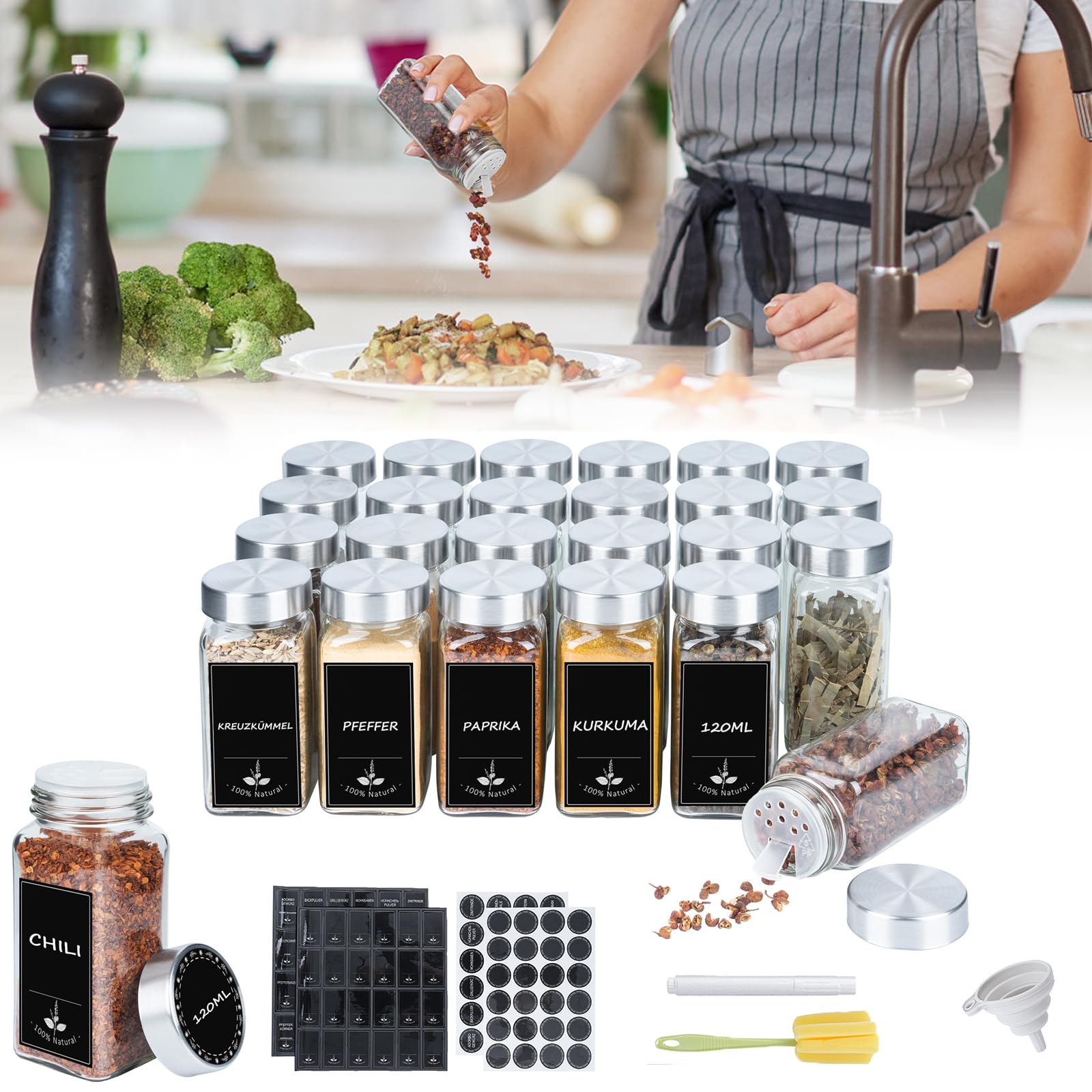 UISEBRT Set di 12 barattoli per spezie, rettangolari, con etichette, per spezie, in vetro, 120 ml, ermetici con inserto per spargimento, imbuto, spazzola per la pulizia, copertura in acciaio inox
