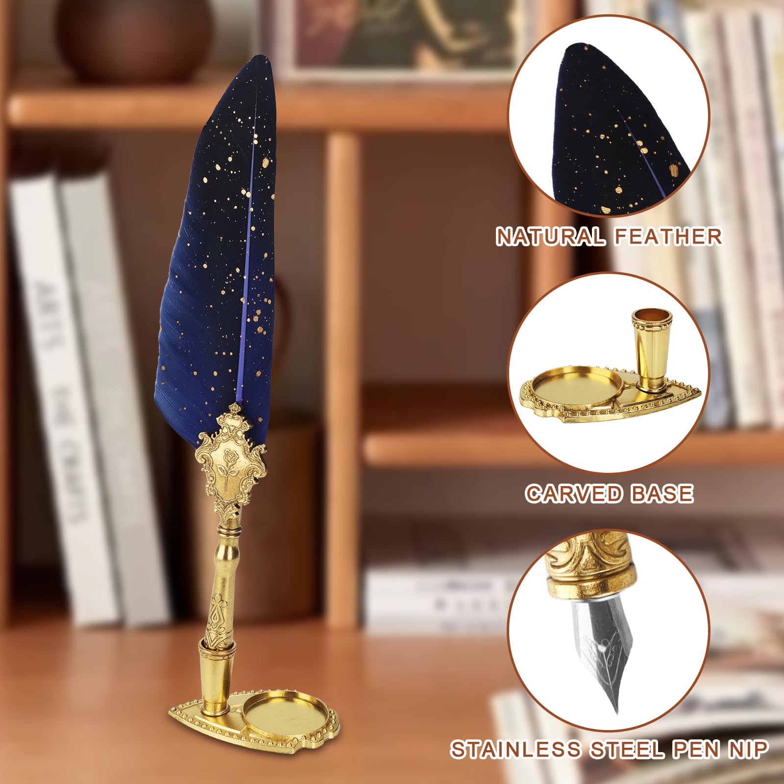 Set Inchiostro Penna Piuma,Penna a Immersione,Penna Calligrafica con Penna D'oca e Pennas di Legno,5 Pennini Ricambio,Portapenne,Timbro Sigillo,Inchiostro,Set di Scrittura per Idee Regalo