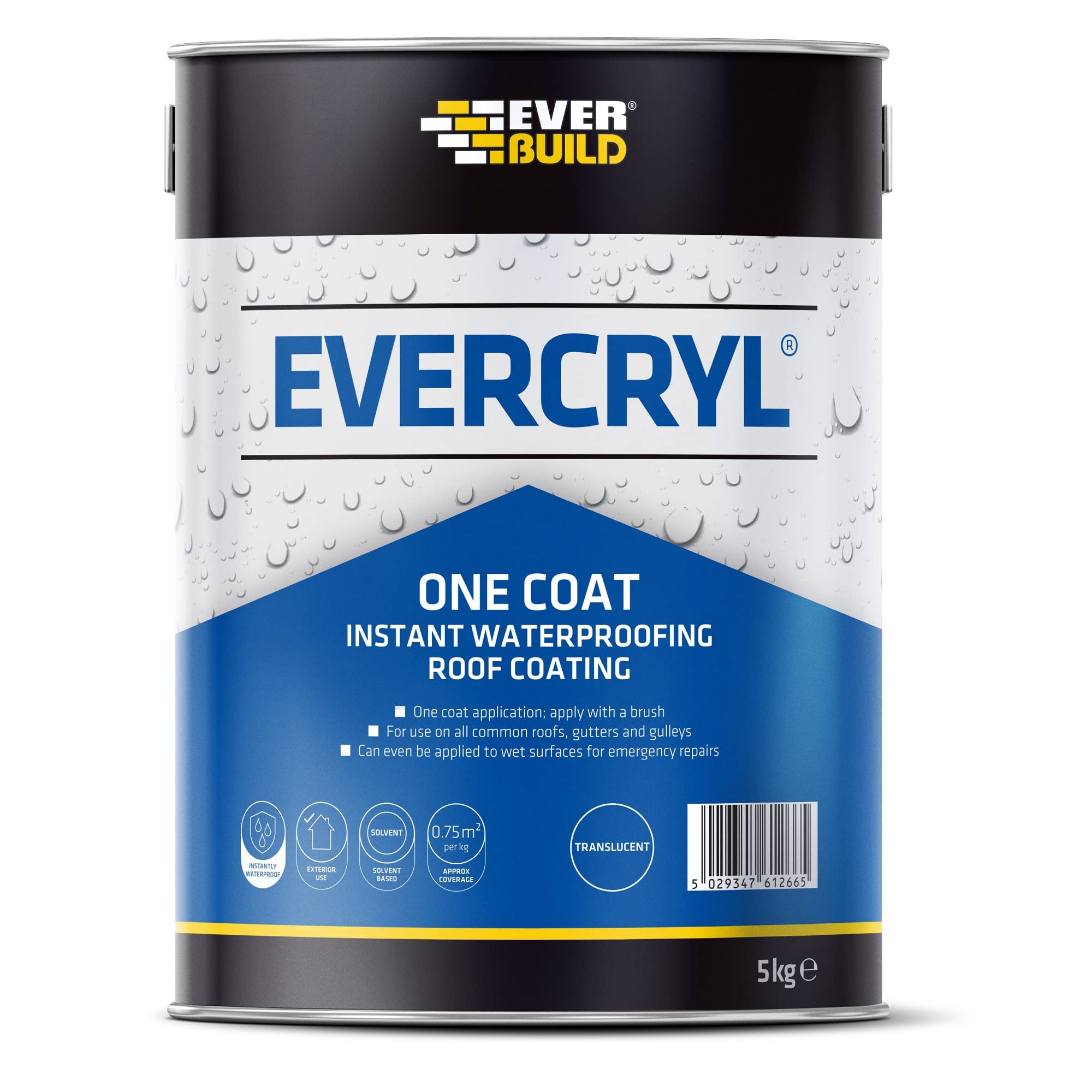 Everbuild Evercryl One Coat Instant Waterproofing – Suitable for Roofs, Gutters and Gulleys – Translucent – 5kg