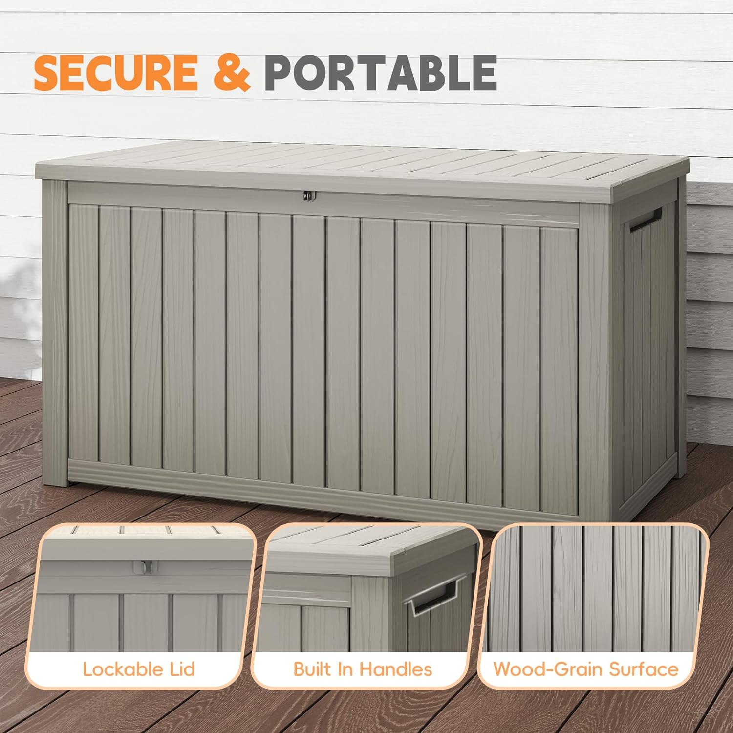 LubanNese 200 Gallon Outdoor Deck Box, Lockable Waterproof Storage Container, Resin Weatherproof Box for Patio Garden Pool Toys Tools Cushions, Grey