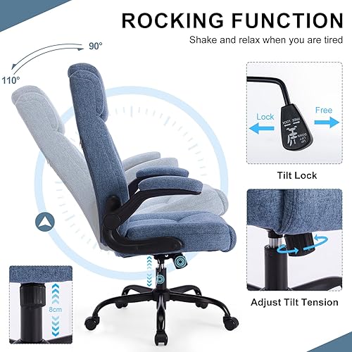 Miniatura 3 de Silla de oficina ejecutiva de respaldo alto con reposacabezas ajustable, sillas de escritorio de tela con reposabrazos abatibles, silla de oficina