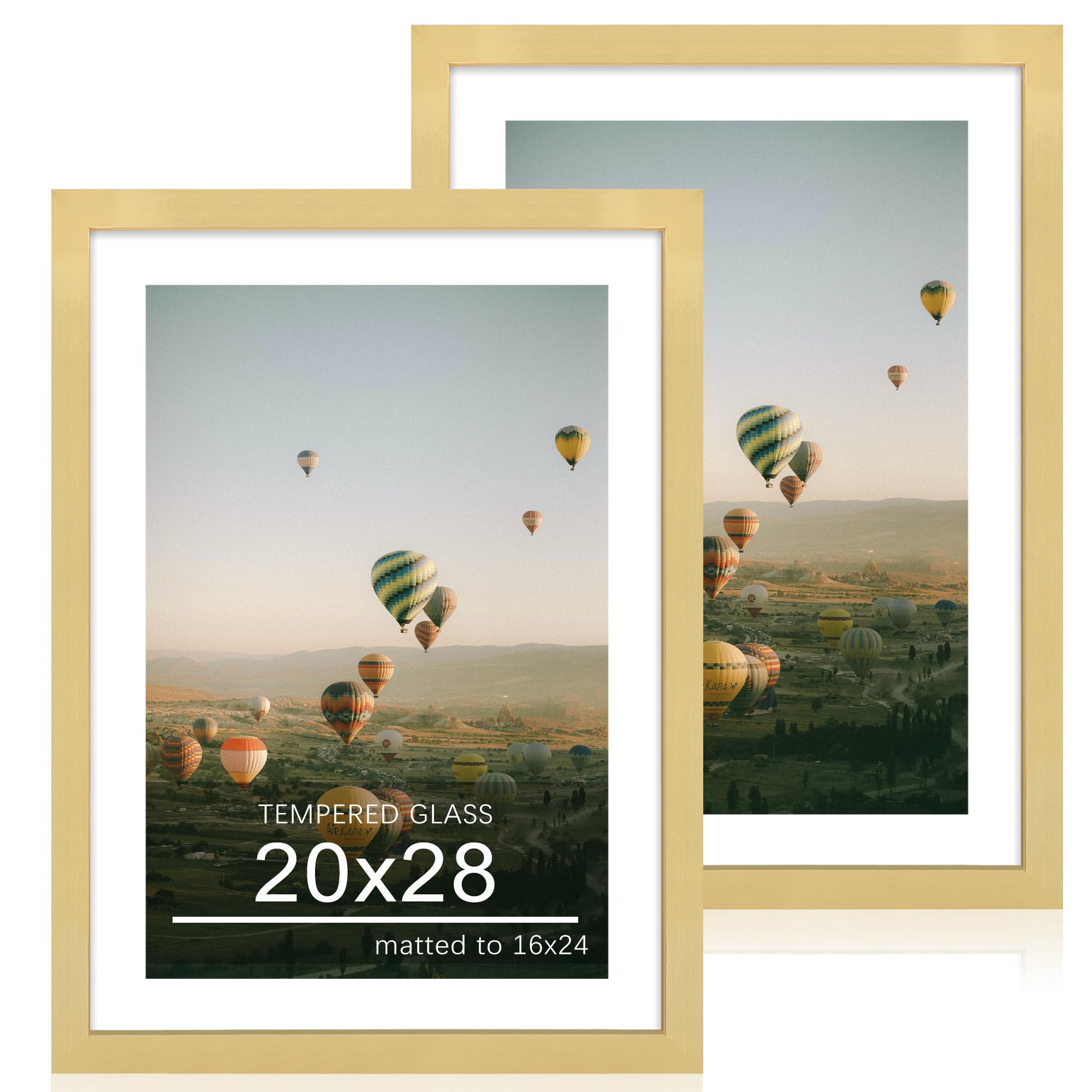 20x28 poster frame set of 2, 20 x 28 wood picture frames with mat for 16x24, wooden photo frame with tempered glass cover for wall mounting display, gold