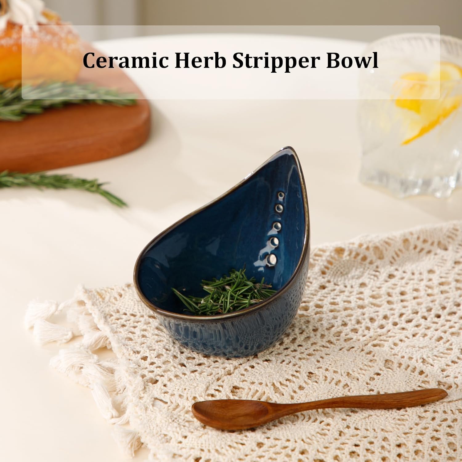 Herb Stripper Bowl, Ceramic Herb Peeling Bowl, Kitchen Herbs Leaf Stripping Tool, Pottery Herb Peeler for Kale, Thyme, Basil, Rosemary Stripper (Blue)