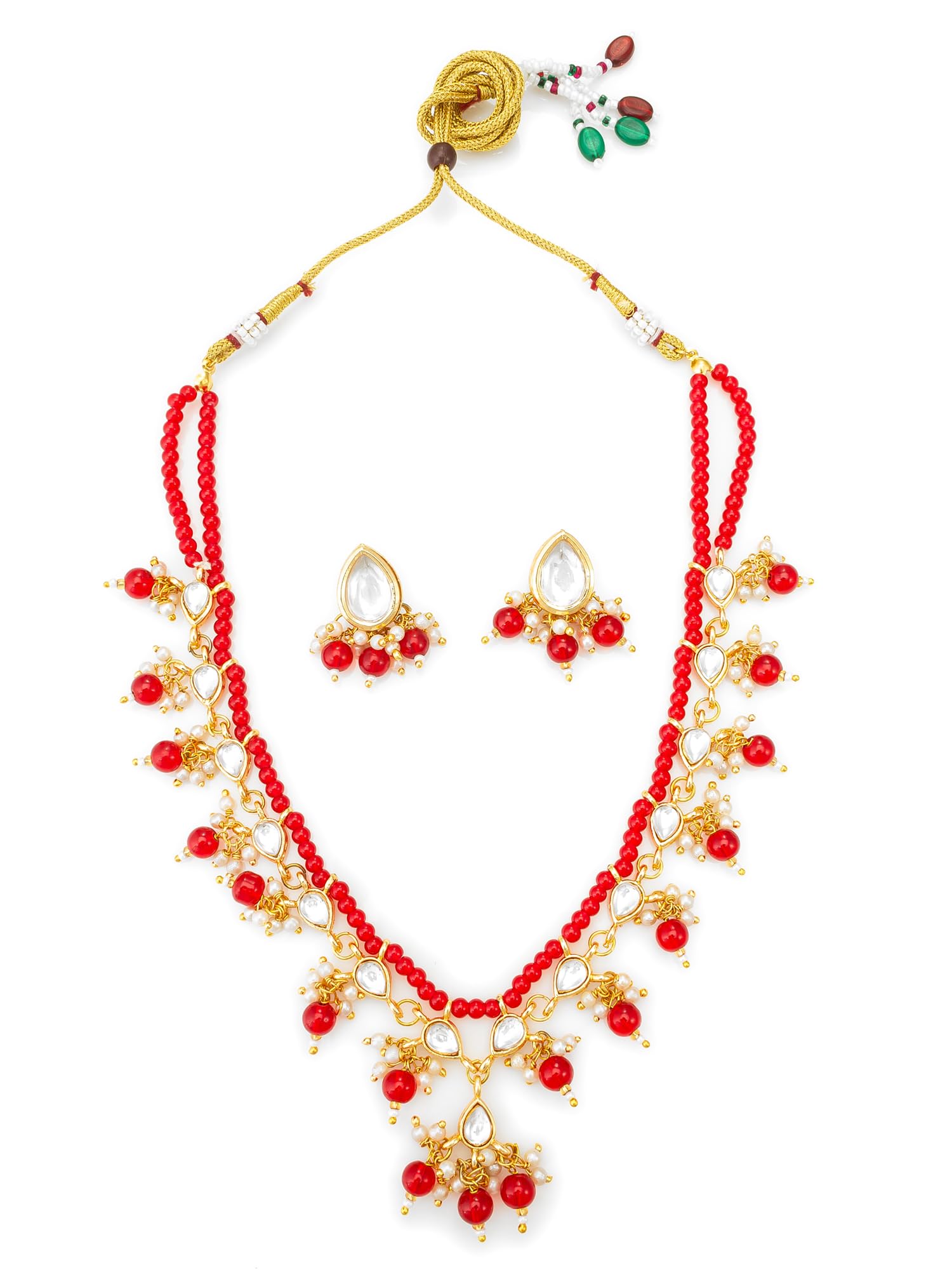 Traditional Gold Plated Red Beads Studded Long Necklace Drop Earrings Set Ethnic Stylish Fashion Jewellery Gift for Girls Women-NK4713