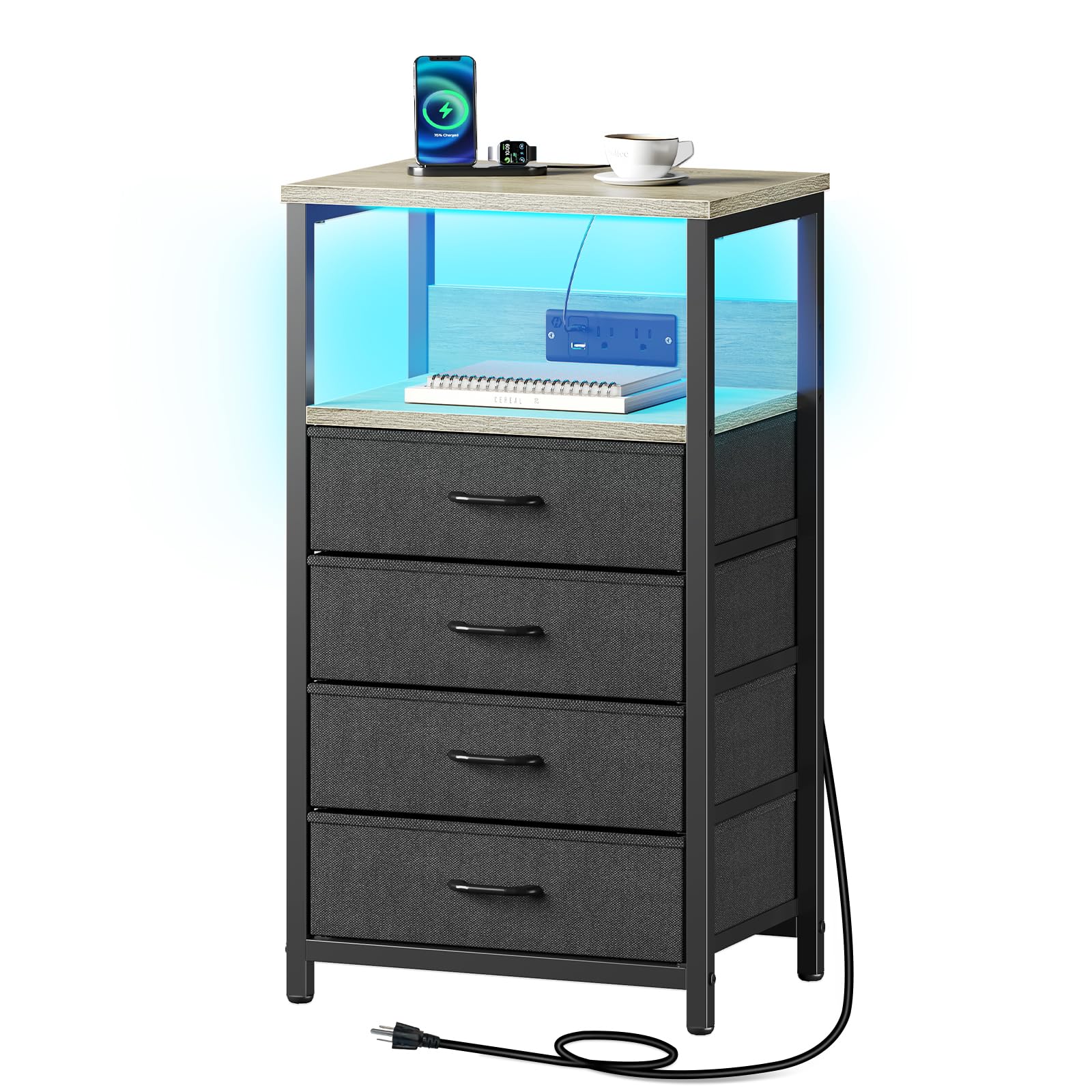 Seventable Nightstand with Charging Station, Bedside Table with LED Lights, Side Table with 4 Fabric Drawers, 3-Tier Storage Night Stand Table for Bedroom, Greige