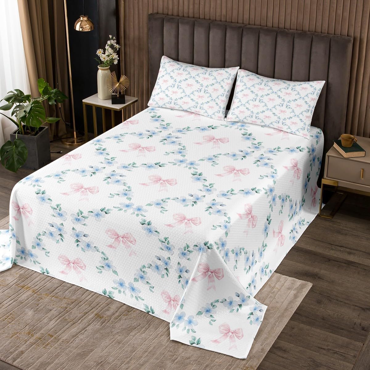 Erosebridal Pink Kawaii Ribbon Bow King Quilt Set for Kids Girls Teen,Blue Flowers Plaid Bowknot Coverlet Set Cute Girly Bow Bedspread Set Plant Floral Leaves Bedding Set