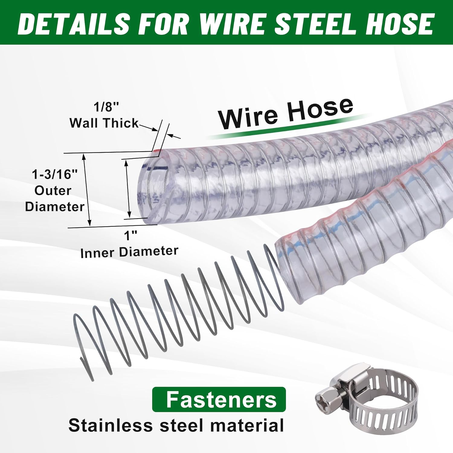 32.5FT 1" ID x 1.25" OD Steel Wire Suction Hose PVC Reinforced Tubing High Pressure Flexible Vinyl Hose Heavy Duty Clear Vacuum Suction Tube for Dust Collection Drain Fuel