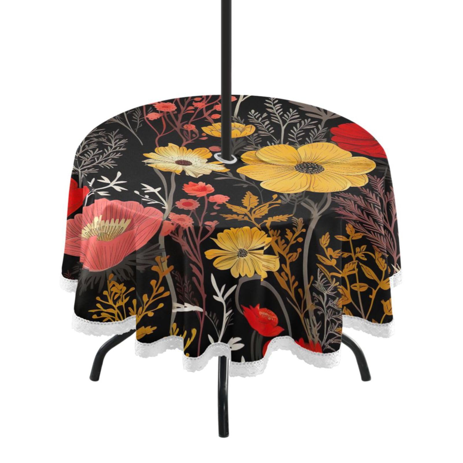 Wajiw 60 Inch Indoor Outdoor Round Tablecloth with Umbrella Hole and Zipper Waterproof Patio Table Cover for Camping Dining Room Party Outdoor Picnic,Flowers