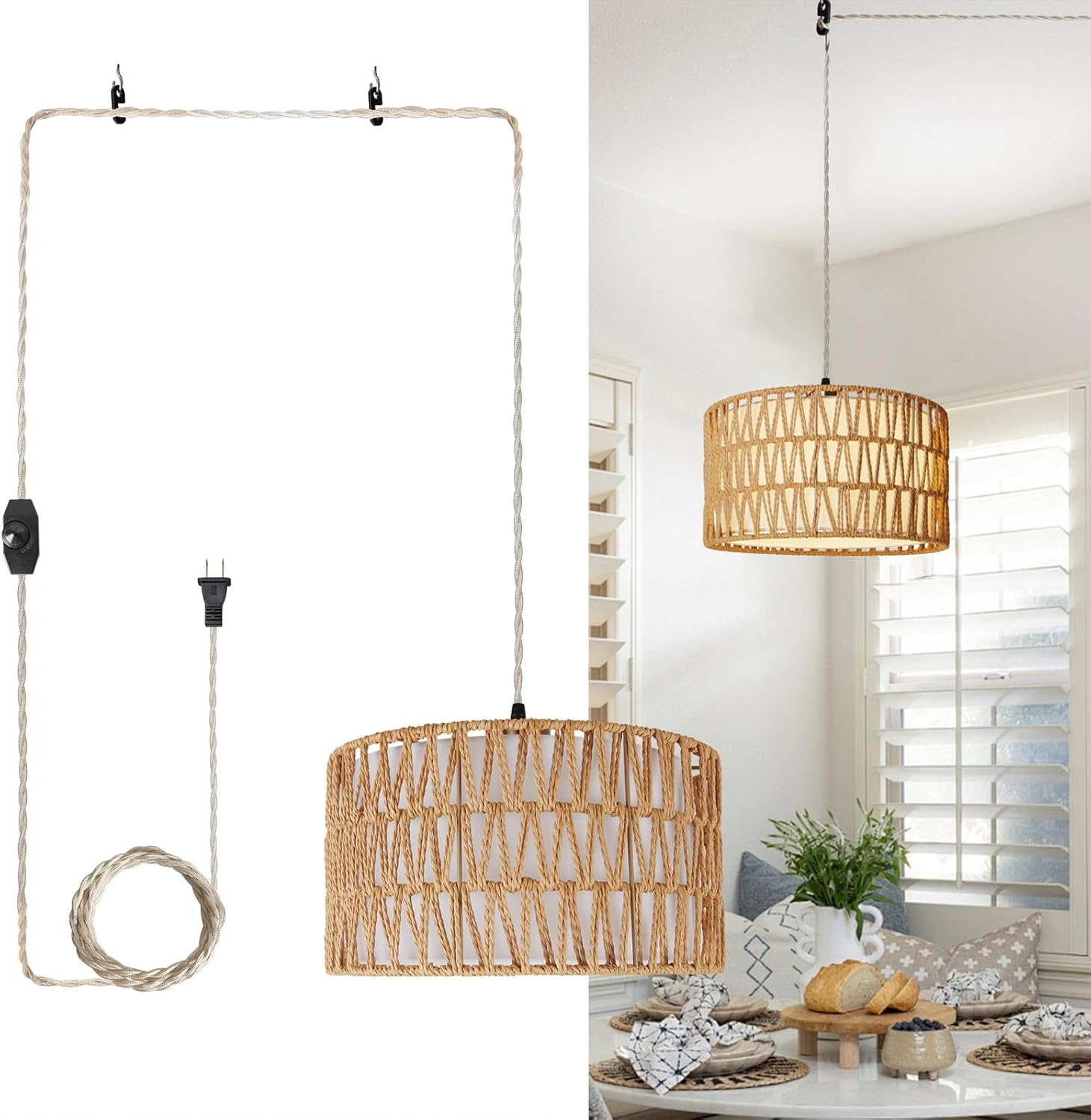HuisMier Plug in Pendant Light Rattan Hanging Lamp 15 Ft Boho Hanging Lights with Rattan Woven & Fabric 2 in 1 Shade, Dimmable Plug in Pendant Light for Living Room Bedroom Dining Room