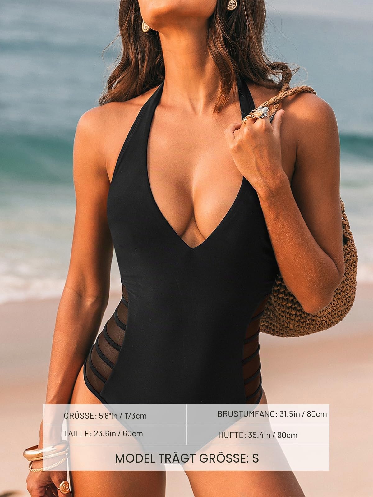 CUPSHE Damen Badeanzug Einteiler V Ausschnitt Selbstbindend Mesh Einsätzen | Verstellbare Neckholder-Träger, Raffung am Bauch, Mesh-Einsätze, V-Ausschnitt, selbstbindend, Strand und Pool
