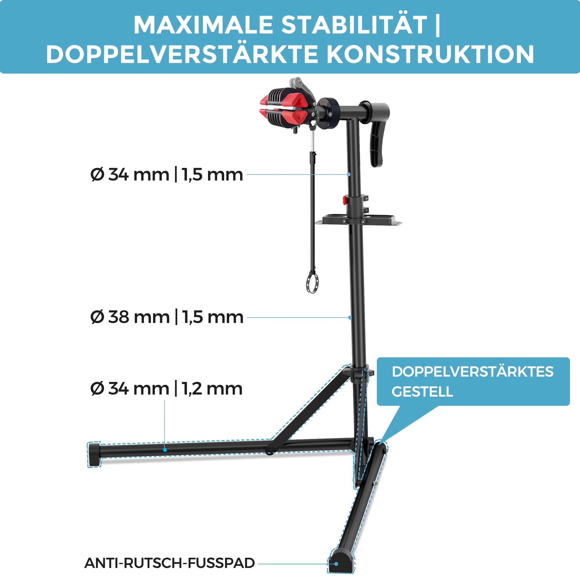 Profi Fahrrad Reparaturständer, niedrigschwerpunkt stabiler Sockel, magnetische Werkzeugablage, 360° drehbar, klappbar, bis 30 kg belastbar