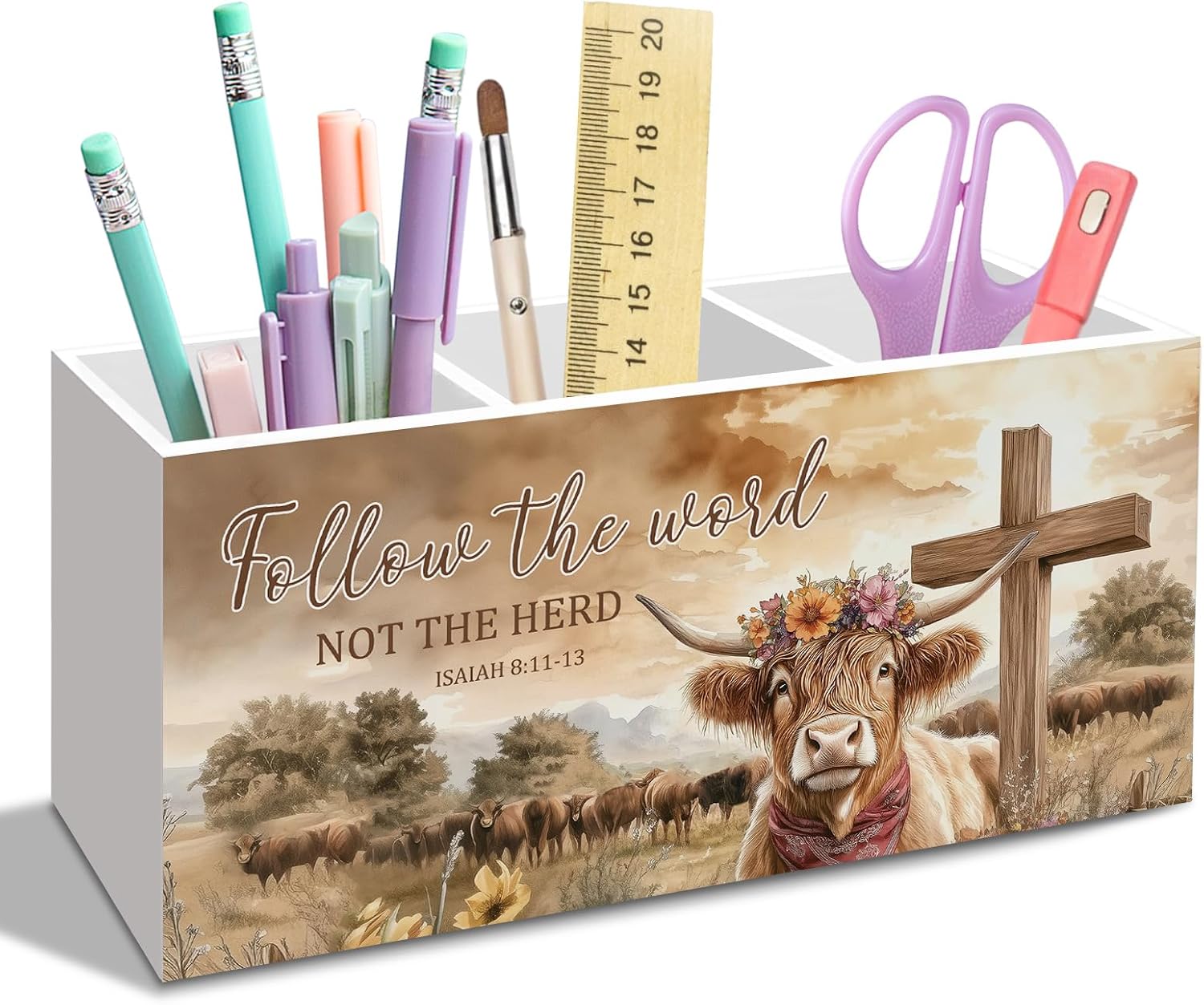 Christian Highland Cow Pen Pencil Holder for Desk, Follow the Word Not the Herd Office Desk Accessories, Farmhouse Highland Cow Pen Holders Organizer for Home Office Decor
