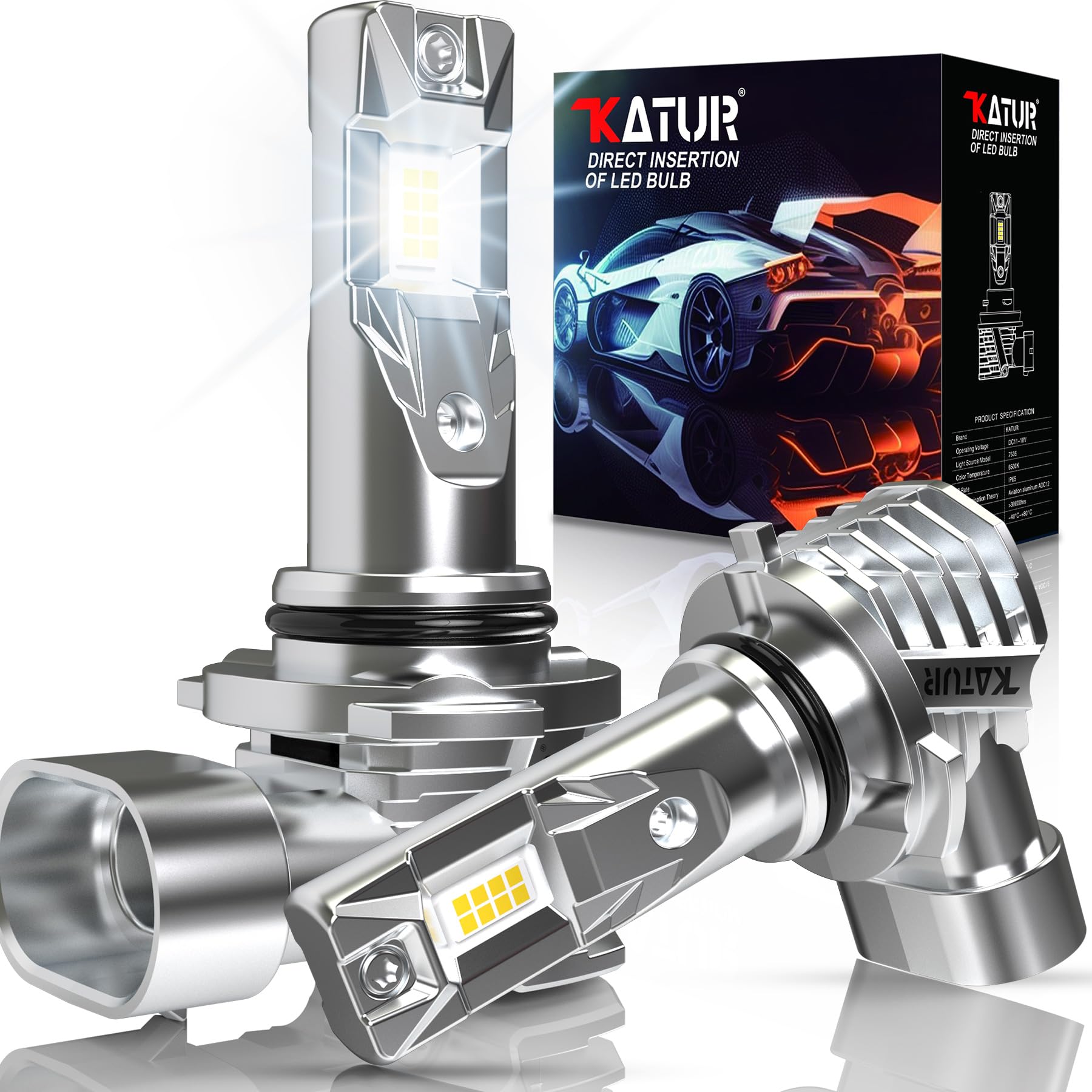 KATUR HB4 LED Headlight Bulbs, 9006 LED Bulb 28000LM 80W 6000K White 500% Brightness Fanless Waterproof Mini Size Plug and Play, Pack of 2