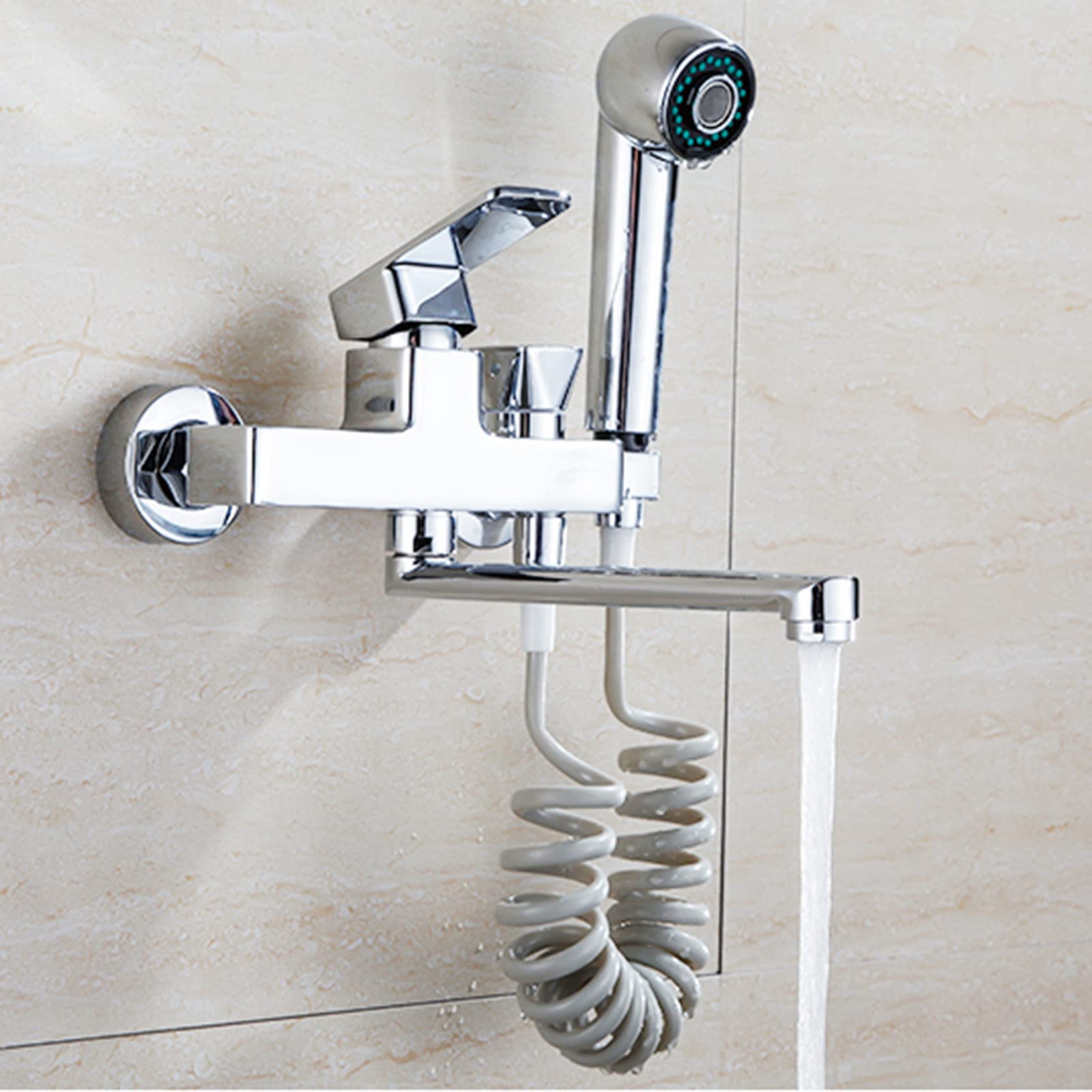 ZYCHSJXA Wall Mounted Kitchen Faucet Brass Double Hole Sink Hot and Cold Water Swivel Spray Gun Mixer Chrome-25Cm(35CM)