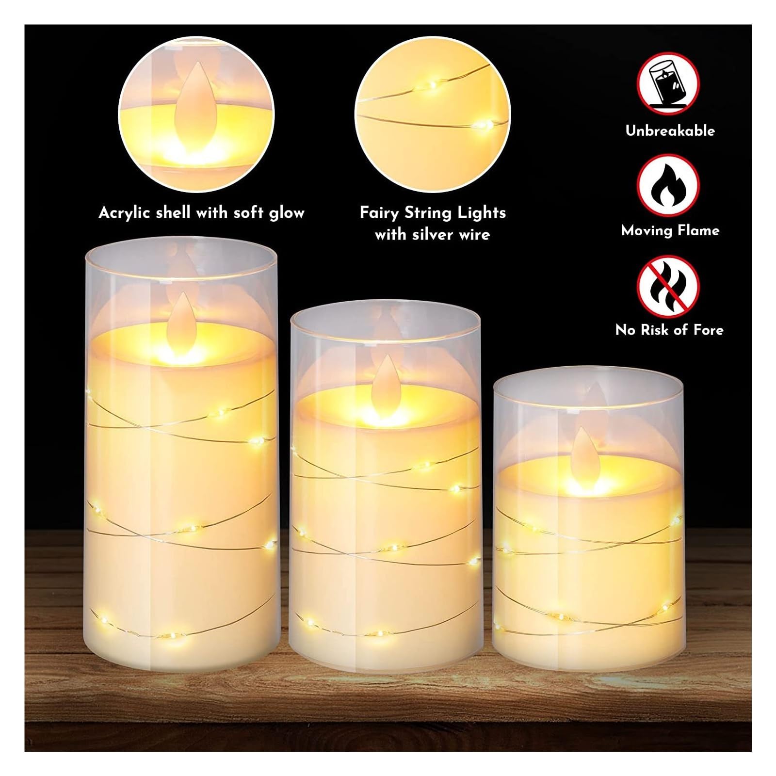 Candele senza fiamma Confezione da 3 lucine natalizie Candele LED, angolo di visione di 360 gradi, con luci stellate, con telecomando a 10 tasti e funzione timer, Fiamma danzante, Cera vera