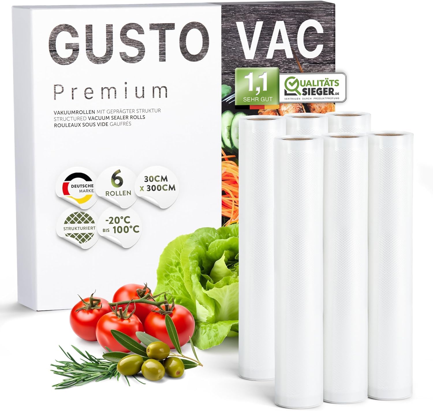 GustoVac Premium Vacuum Rolls, 6 Rolls 30 x 300 cm, Professional Vacuum Sealer Bags for Vacuum Sealers, Boil-proof & Sous Vide Freezer Bags, Food Vacuum Sealer Bag, BPA-Free