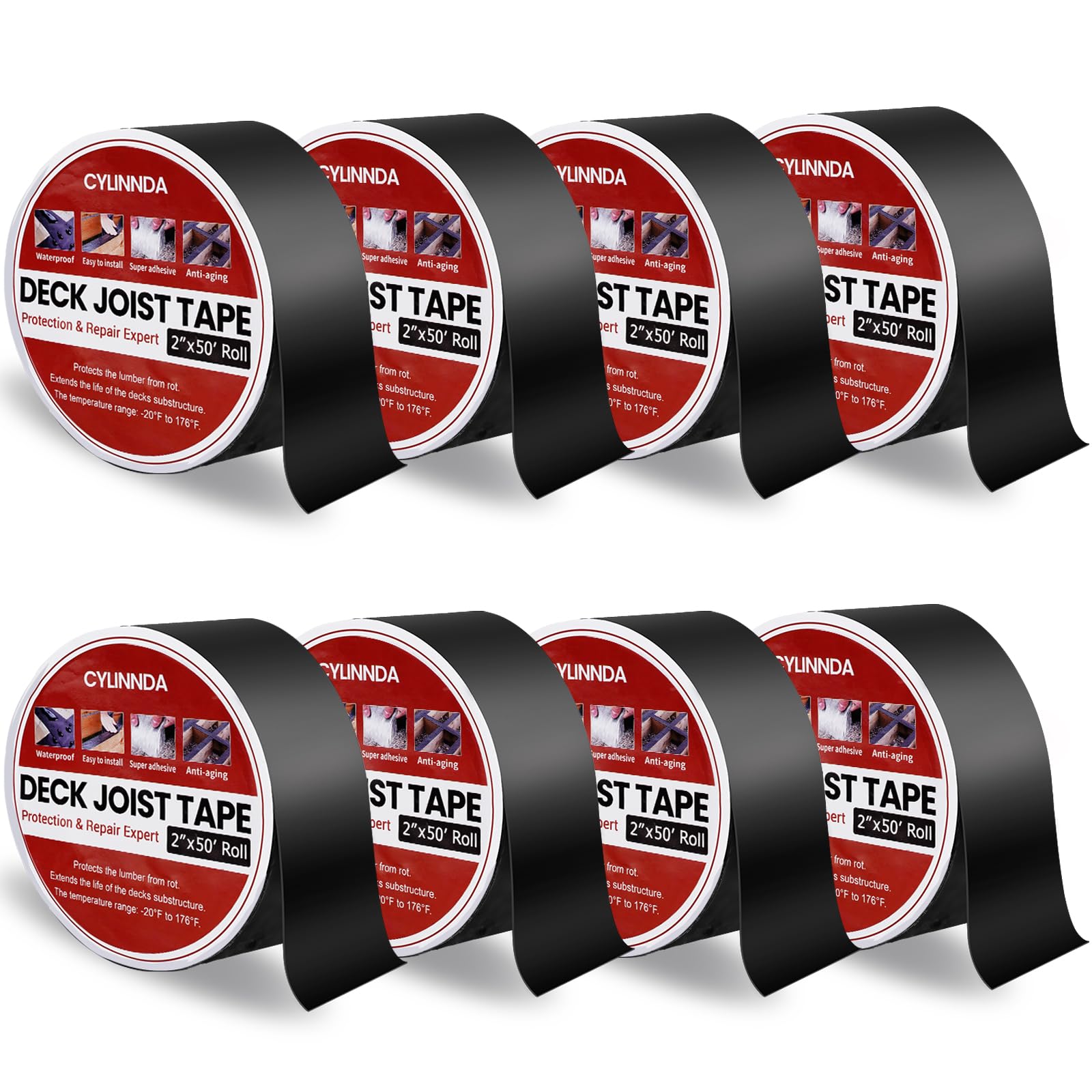 Cylinnda Deck Joist Tape 2" x 50', 8 Rolls Joist Tape for Decking, Waterproof Weather Resistant Self-Adhesive Butyl Joist Tape, Anticorrosion Flashing Tape for Wood Joists Beams-Black