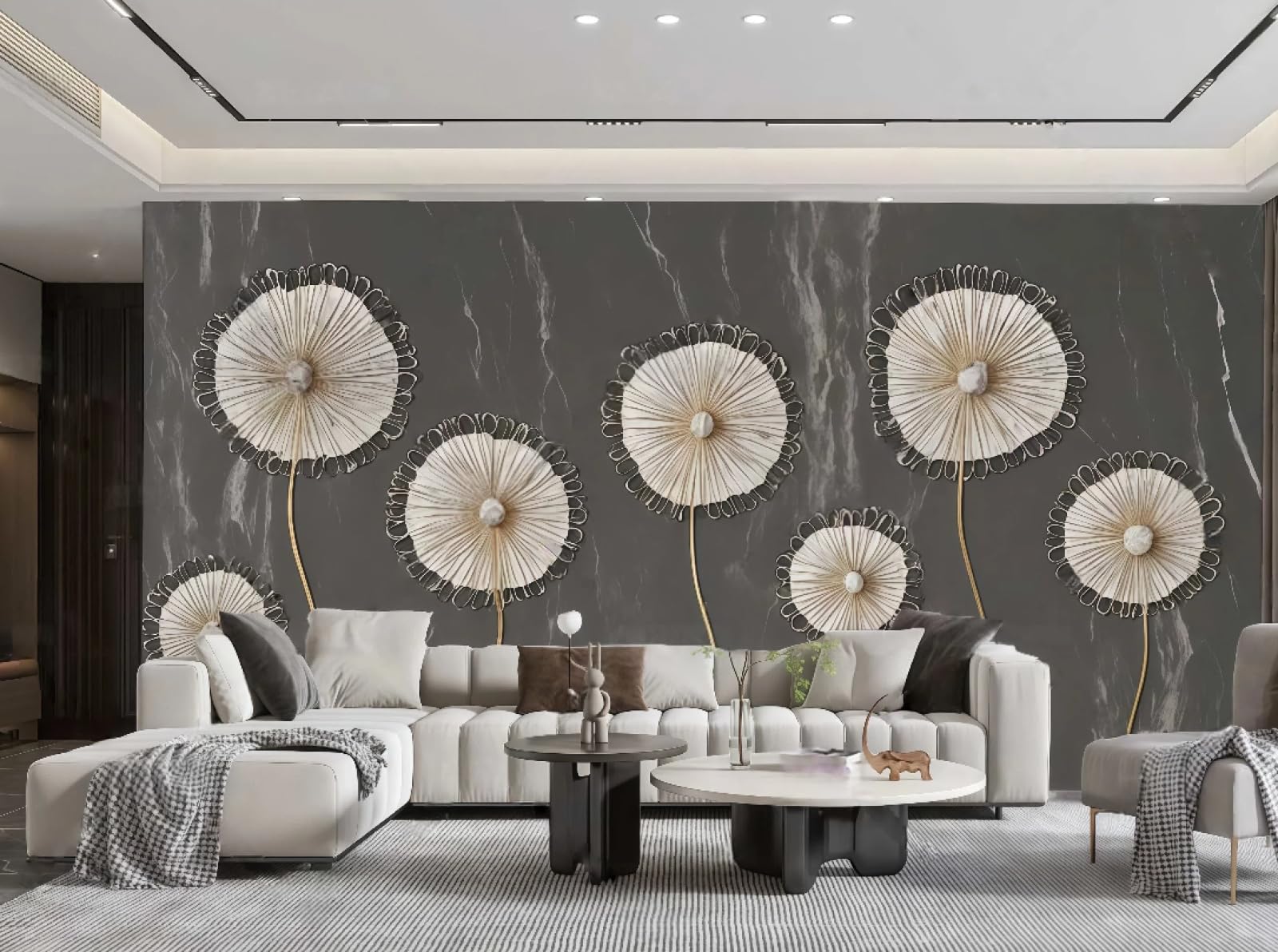 Tapeta nowoczesna moda biały szydełkowany kwiat sztuka ciemnoszary marmurowy wzór TV sofa tło ściana sypialnia salon gabinet mural, 3D, 430 x 300 cm