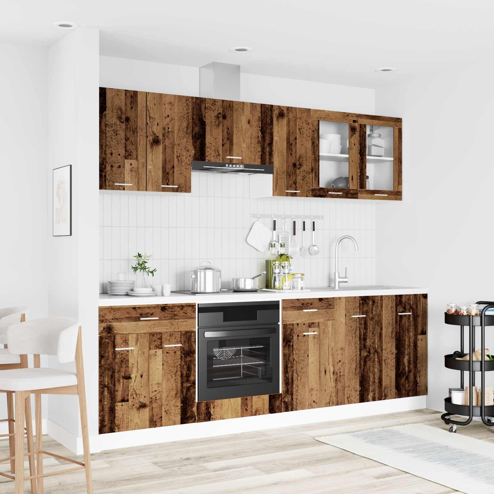 Kitchenette Lyon - Set di 8 blocchi da cucina in legno, modulari, con lavello, pensili e cassetti, per cucina e sala da pranzo