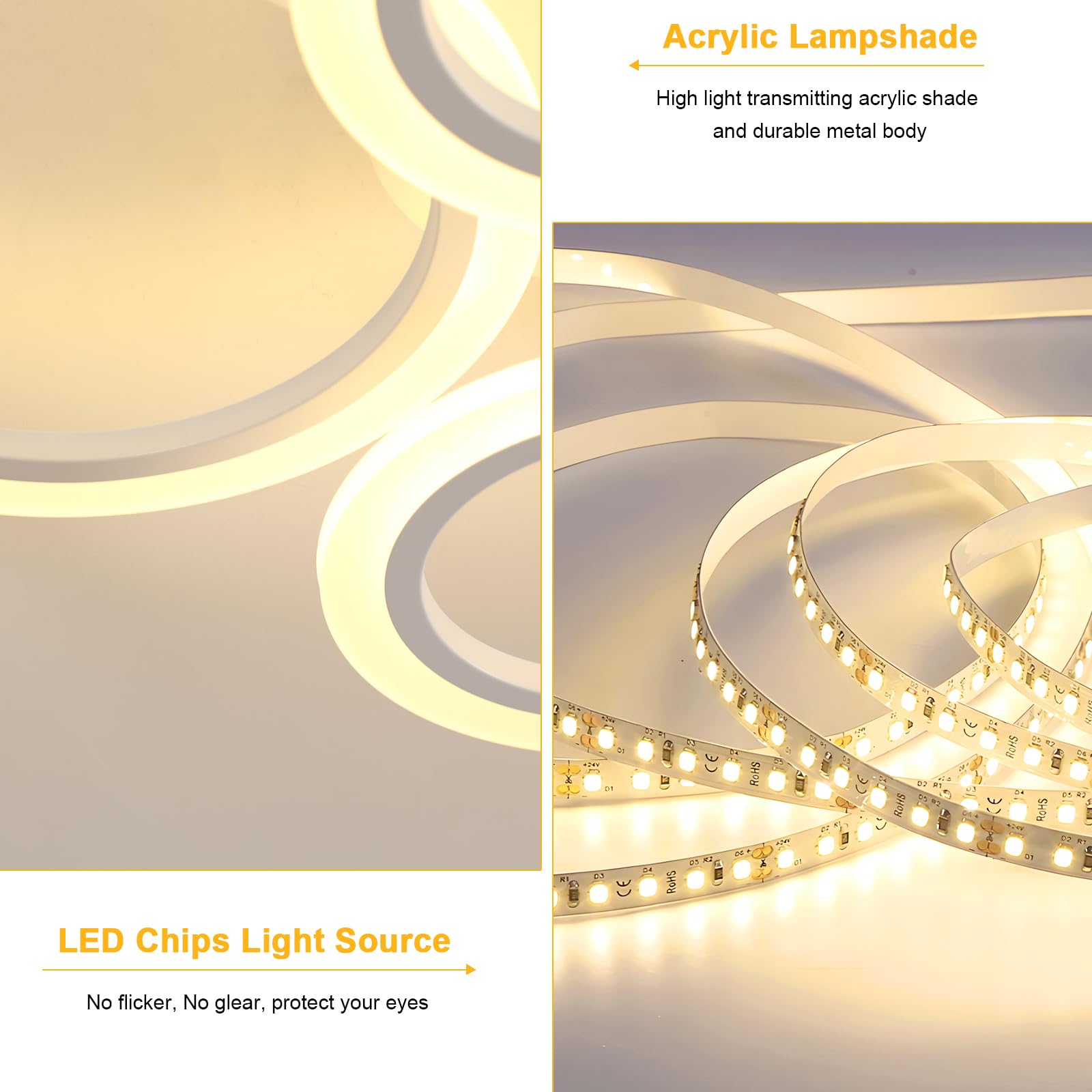 Dimmable LED Ceiling Light with Remote Control, 32W 3600LM Ceiling Lamp with 4 Round Rings, 3000K-6500K Adjustable Brightness, Memory Function, Chandelier Lighting for Living Room, Bedroom, White - Image 4