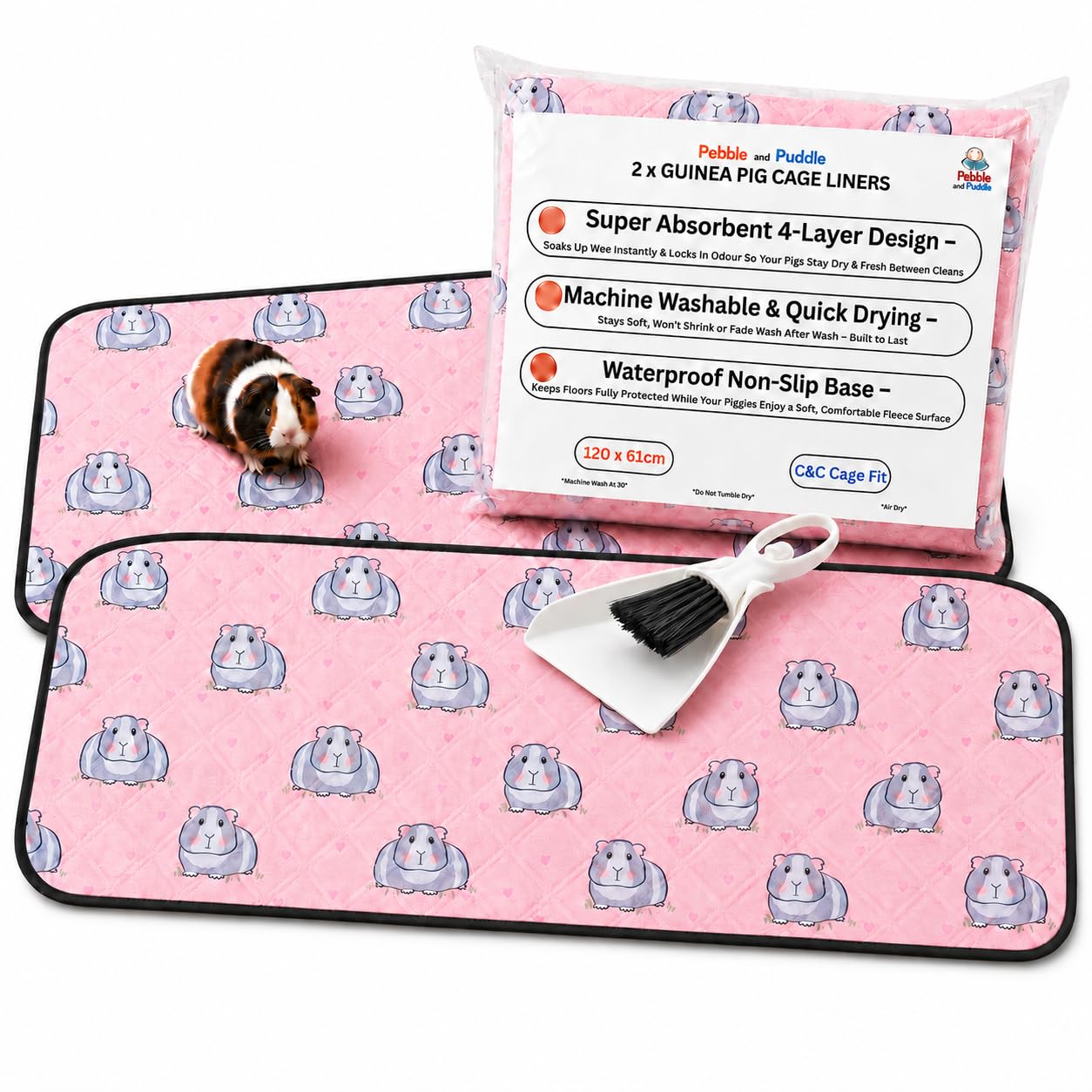 Pebble And Puddle Pink With Guinea Pig Design Pebble & Puddle Guinea Pig Cage Liners 61X120cm (2-Pack) – Waterproof & Machine Washable Reusable Cage Liners With Absorbent Core. Includes Cleaning Brush & Dustpan (Pink With Guinea Pig Design)