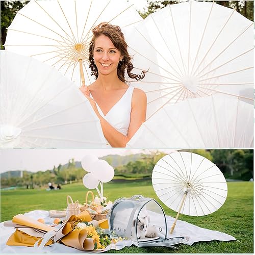 Miniatura 7 de HOOMUU Paraguas de papel de 33 pulgadas para bodas, parasol de papel blanco chino japonés para mujer, 1 paquete de pintura de bricolaje, paraguas