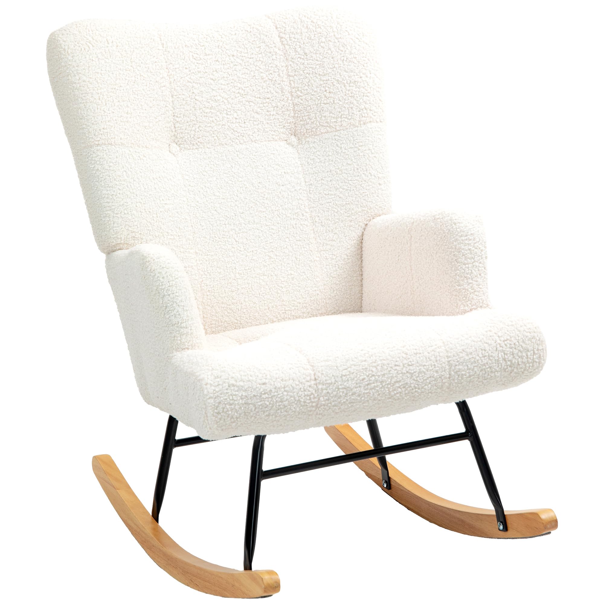 HOMCOM Silla Mecedora, Mecedora de Terciopelo de Teddy con Respaldo Alto, Patas de Madera de Caucho, Reposabrazos, Estilo Moderno, Sillón de Lactancia, Carga 120 kg, para Dormitorio, Salón, Crema