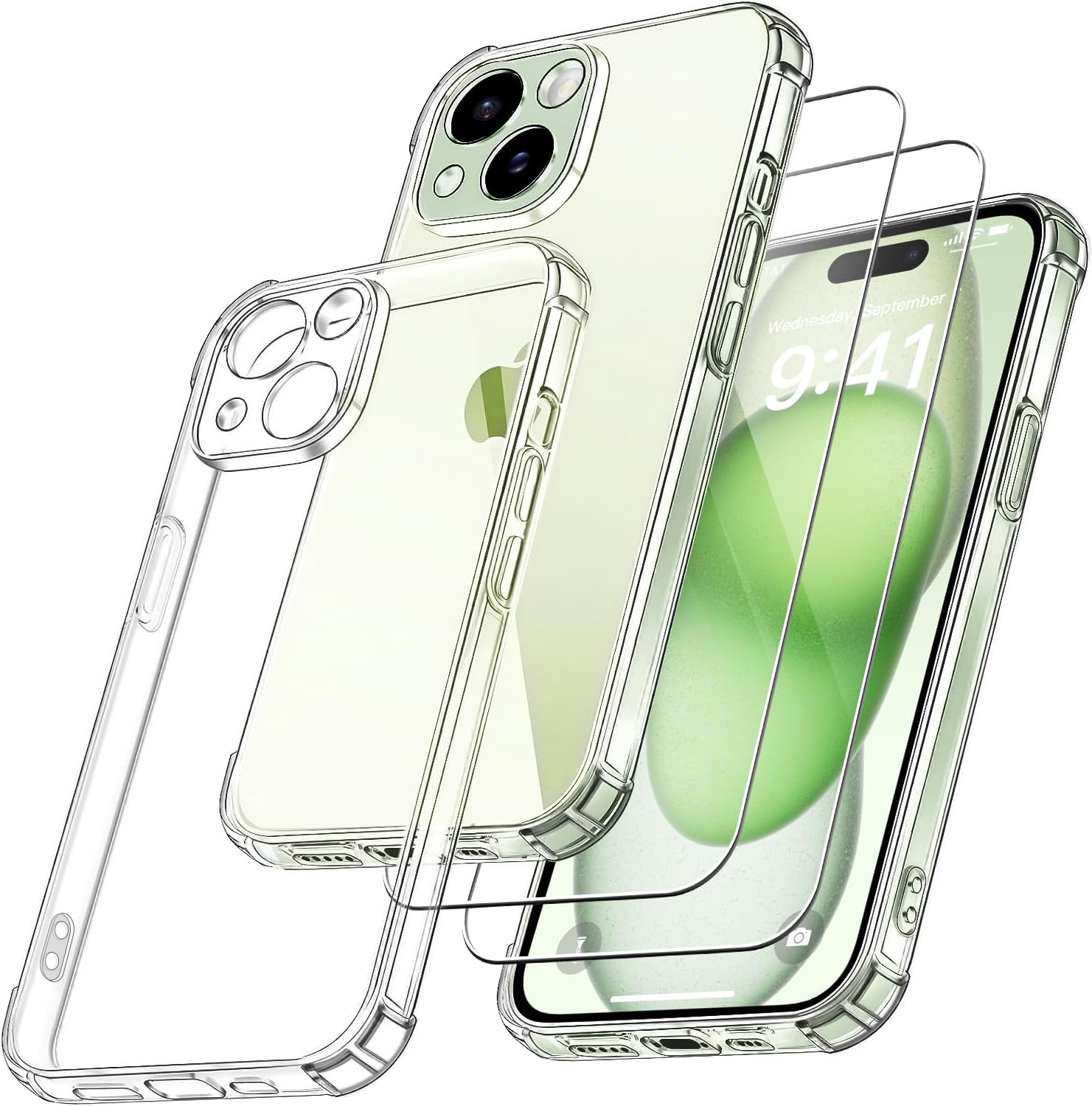 3 in 1 Camera Cover Compatible with iPhone 15 Case and 2 Pack Tempered Glass Screen Protector, Slim Soft TPU Shockproof Anti-Scratch iPhone 15 Phone Case Cover Silicone - Clear