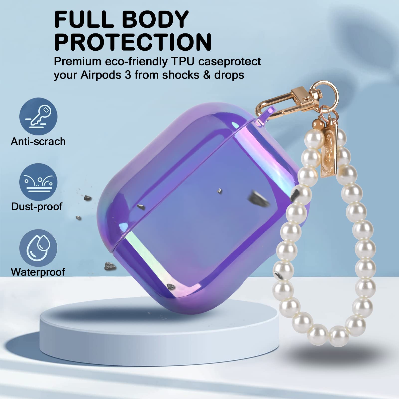 Custodia Protettiva In TPU Con Portachiavi A Conchiglia Perlata Per AirPods 3 – Glitterata E Antishock, Bianco Perla - 3