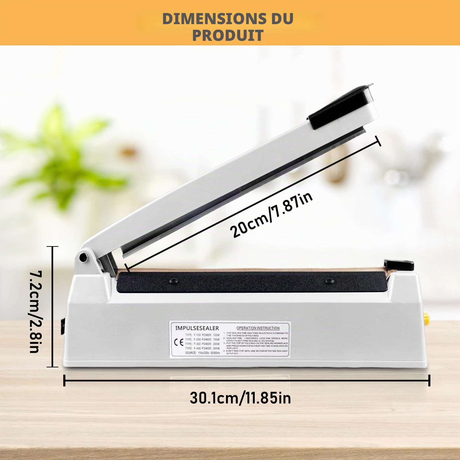 Scelleuse Thermique 200 mm, Thermoscelleuse Machine, Impulse Heat Sealer, Machine à Sceller à Chaud, Soudeuse Thermique, Thermoscelleuse, pour Sacs en Plastique, PE, PP, Mylar