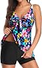 Yonique Women 2 Piece Flowy Tankini Swimsuits with Boyshorts V Neck Swim Tank Tops Bathing Suits Modest Swimwear