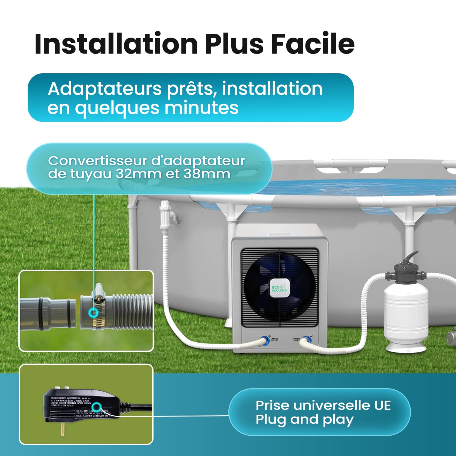 ECOPOOLTECH Bomba de calor Inverter 6 KW Hasta 50 m³ compresor Turbo X Ultra intercambiador de titanio Para Agua Salada Plug & Play