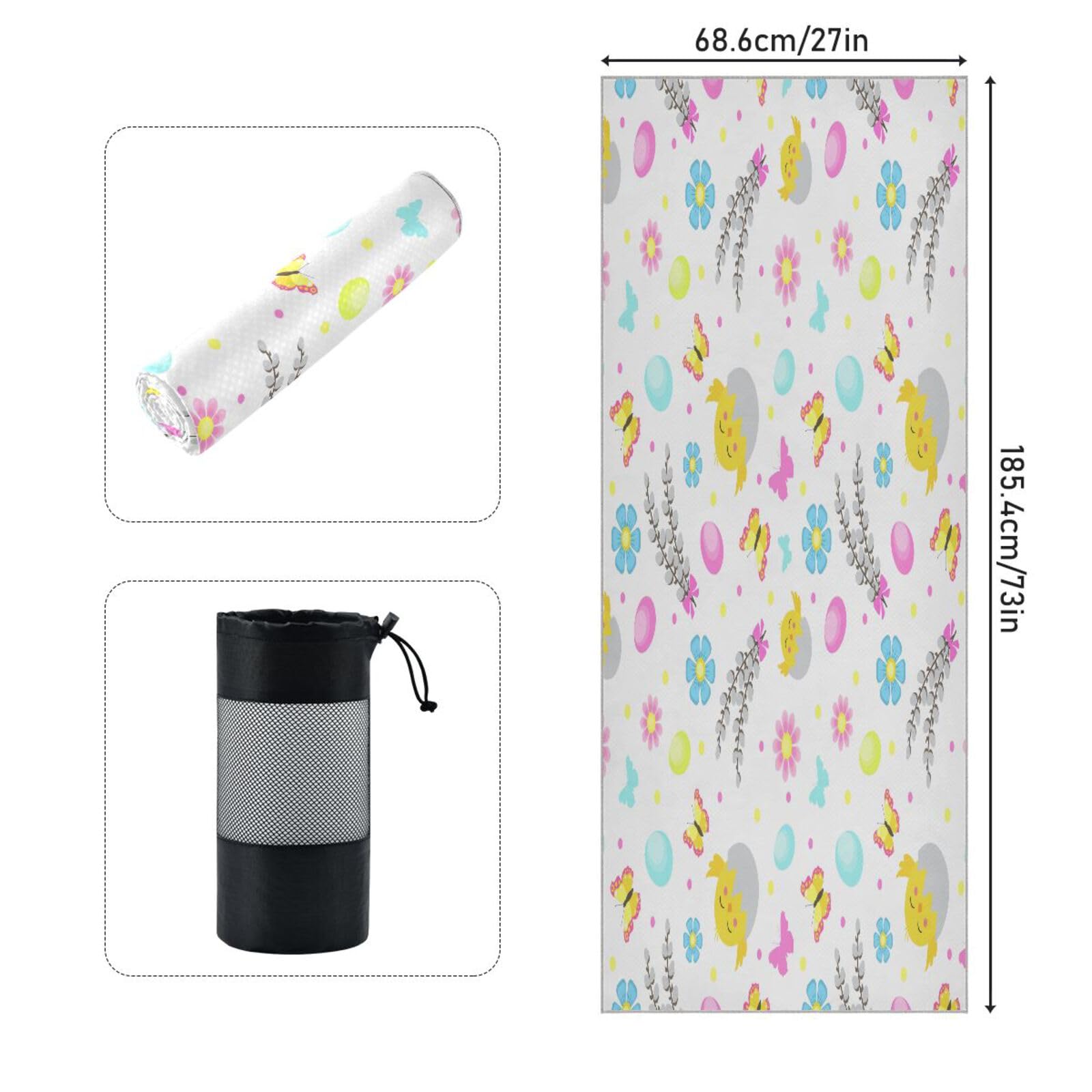 pnyoin Easter Flowers and Chick Yoga Towel,Hot Yoga Mat Towel with Grip Dots Sweat Absorbent Non-Slip for Hot Yoga, 24