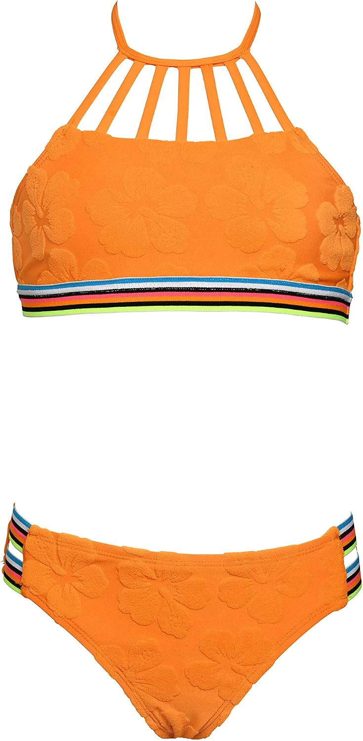 Hobie Girls Hi Neck Crop Bra Bikini Top & Banded Bottom Swimsuit Set