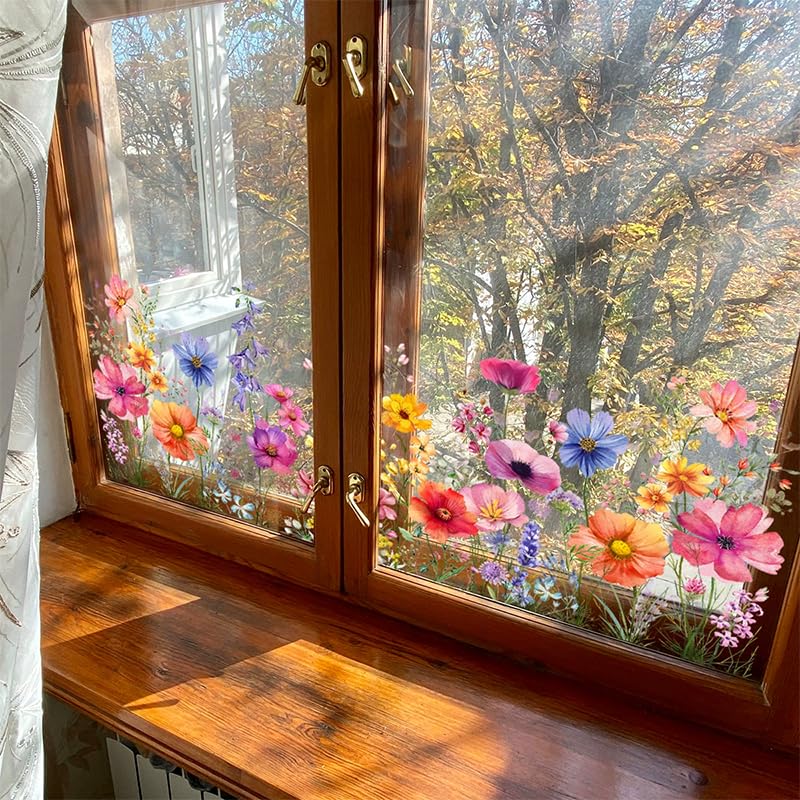 Flower Wall Decor Living Room Boho Decor, Removable Peel and Stick Colorful Flower Stickers for Window Clings, Floral Wallpaper Wall Decals Art for Bedroom Bathroom, Multicolor