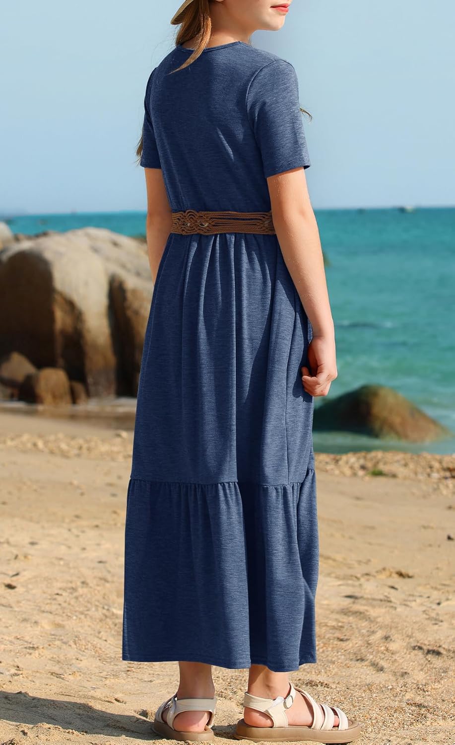 YOVION Girls Summer Maxi Dress Short Sleeve Crew Neck Casual Loose Flowy Tiered Dresses with Pockets for 6-12 Y - Image 5