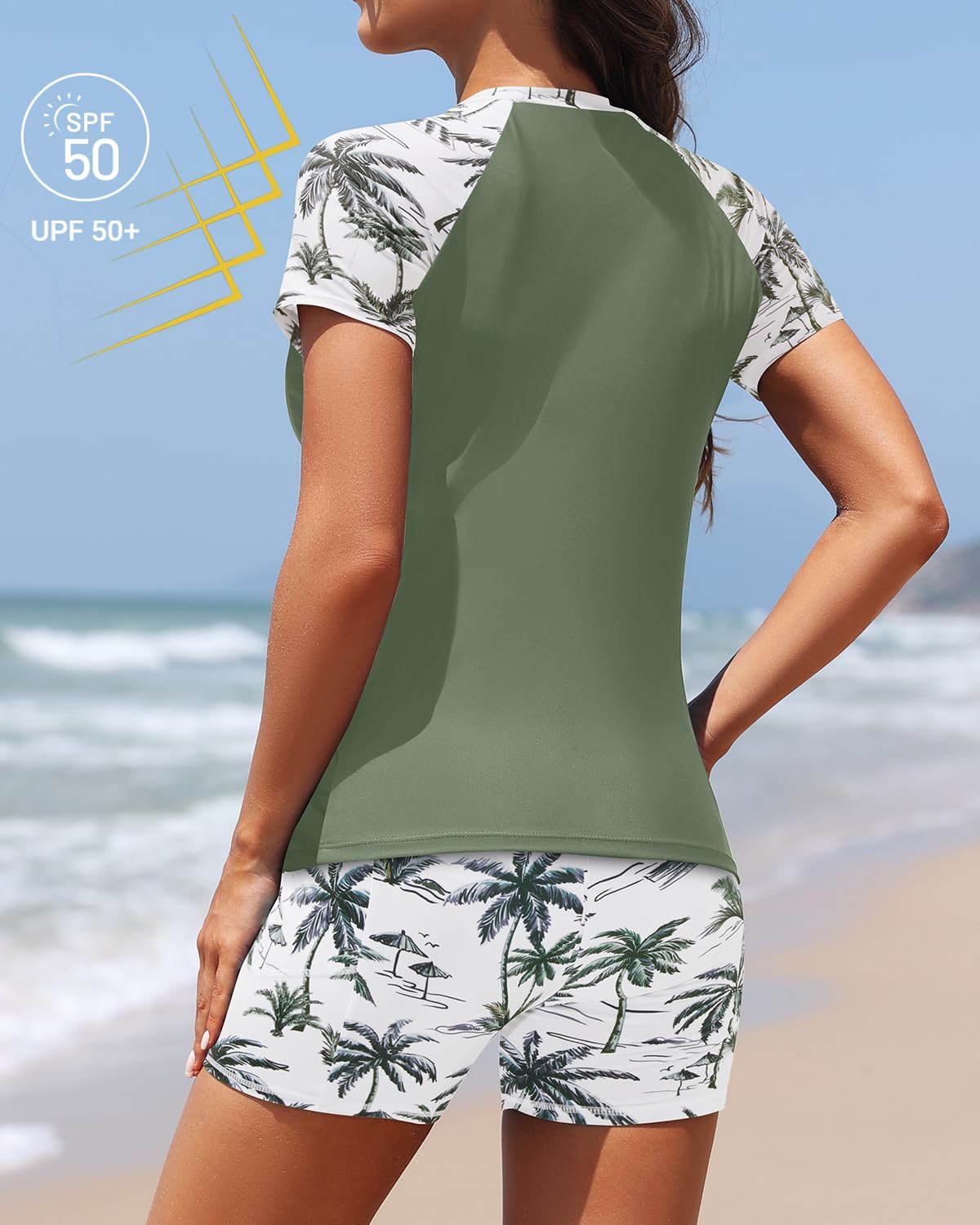 Daci Damen 2-teiliger Rashguard UPF 50+ Kurzarm Badeshirt mit Shorts Badeanzug mit Taschen und integriertem BH
