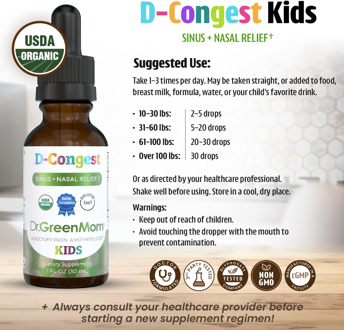 Dr. Green Mom D-Congest Kids - Organic Kids Sinus Support Drops | Drug-Free Herbal Supplement for Children's Stuffy Nose, Nasal & Respiratory Health | USDA Organic, Non-GMO