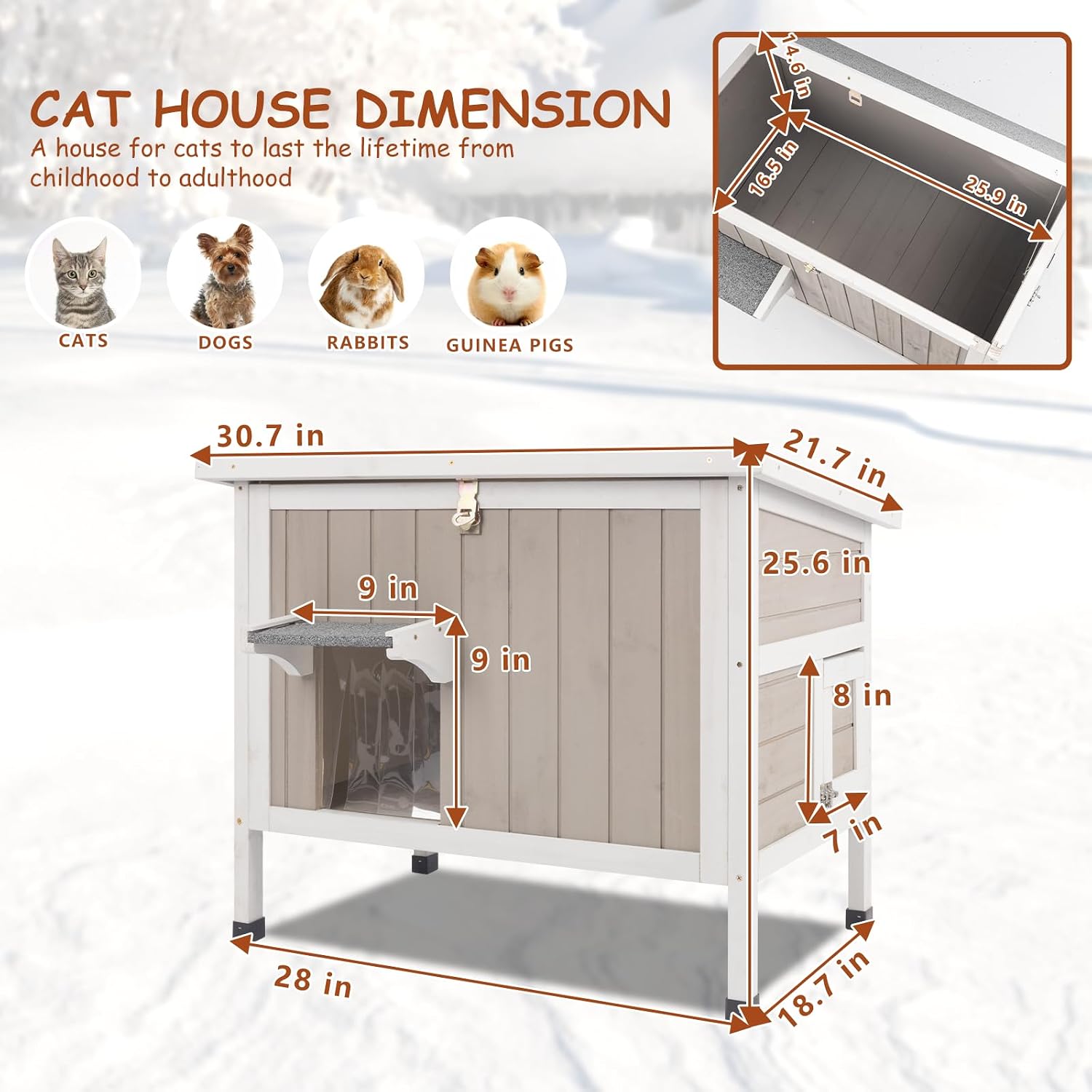 Gowoodhut Insulated Outdoor Cat House, All-Weather Wooden Feral Cat Shelter for Winter, 3-Layer EPS Foam-Core Panels, Raised Base, Door Flap & Lockable Escape Door, Lift-Up Roof for Easy Cleaning