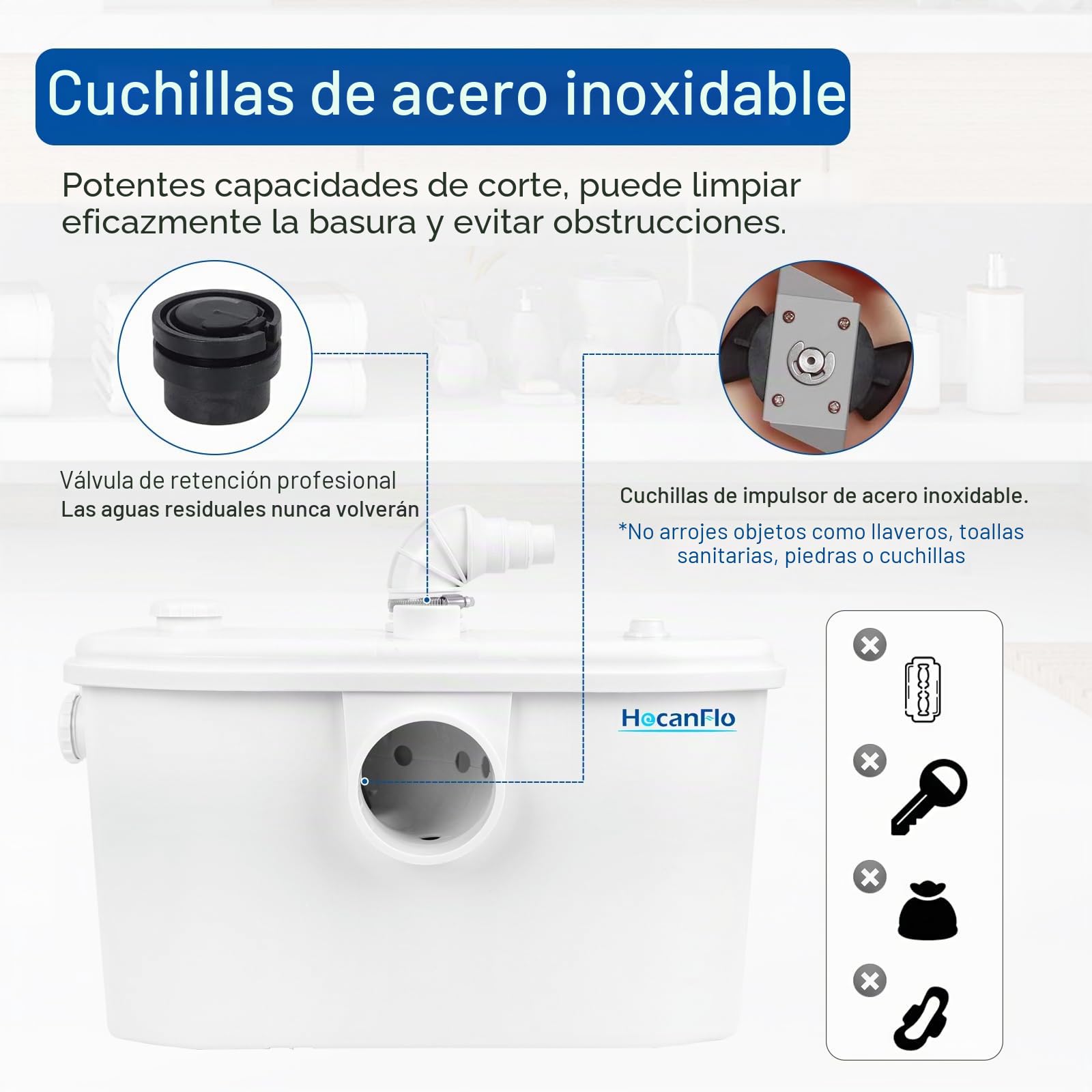 750W Trituradora sanitaria, bomba automática para eliminar las aguas residuales, silenciosa, 4 entradas y 2 desagües de Agua para Inodoro Cocina Ducha
