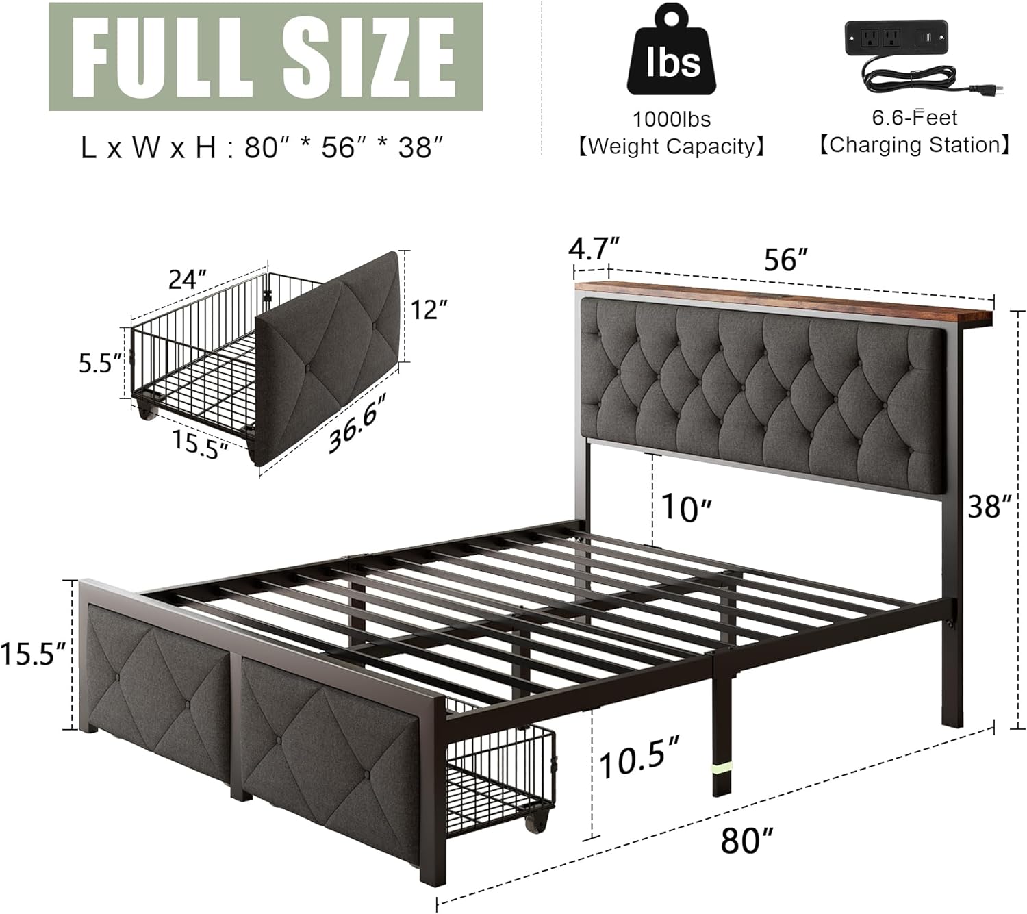 Feonase Full Size Metal Bed Frame with 2 Storage Drawers, Storage Headboard with Charging Station, Platform Bed Upholstered Button Tufted, Steel Slats Support, No Box Spring Needed, Noise-Free, Grey