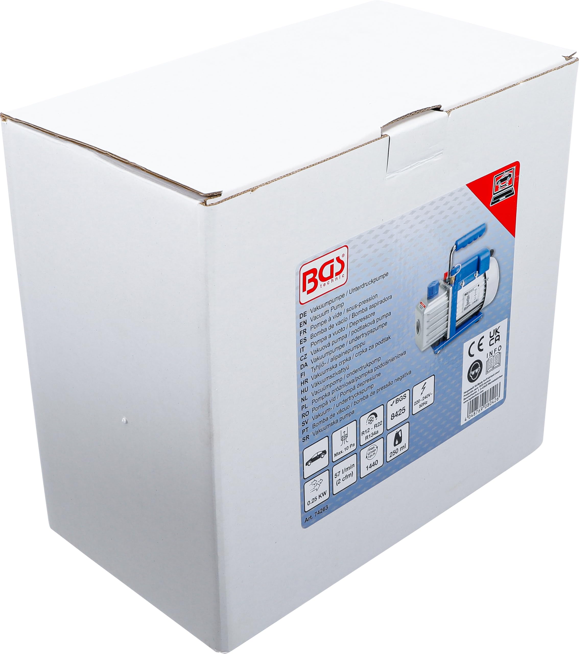 BGS 74263 | Vakuumpumpe/Unterdruckpumpe | 1-stufig | 57 l/min | für Klimaanlagen R12, R22, R134a und Vakuumverpackungen | 220 - 240 V, 50 Hz | Ultimativer Unterdruck 10 Pa